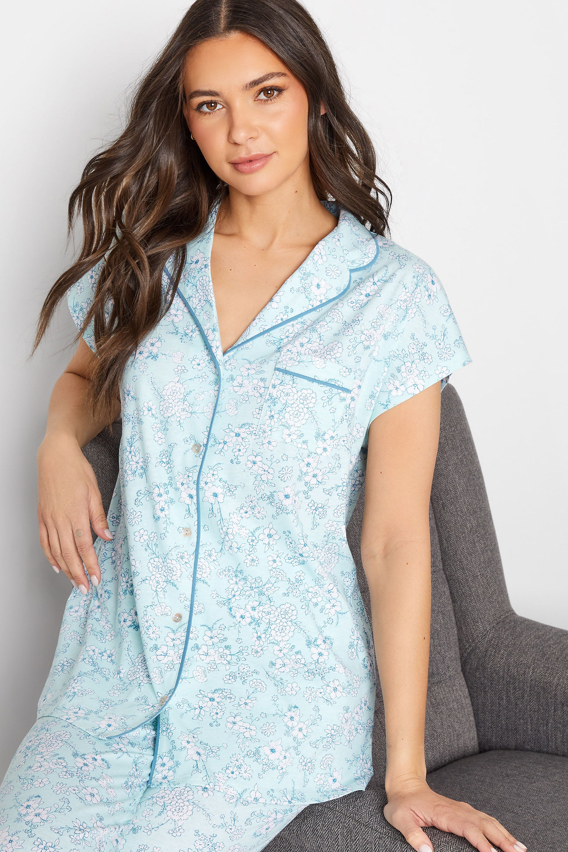 Tall Women's LTS Light Blue Floral Print Cotton Pyjama Set | Long Tall Sally  3
