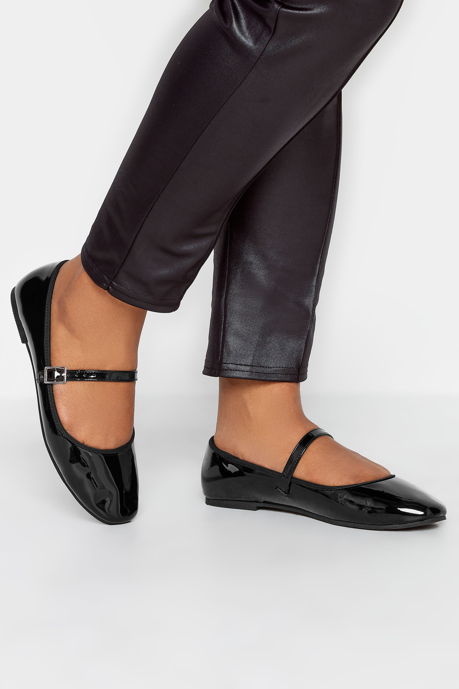 Black Patent Mary Jane Ballerina Pumps In Wide E Fit & Extra Wide EEE Fit | Yours Clothing  1