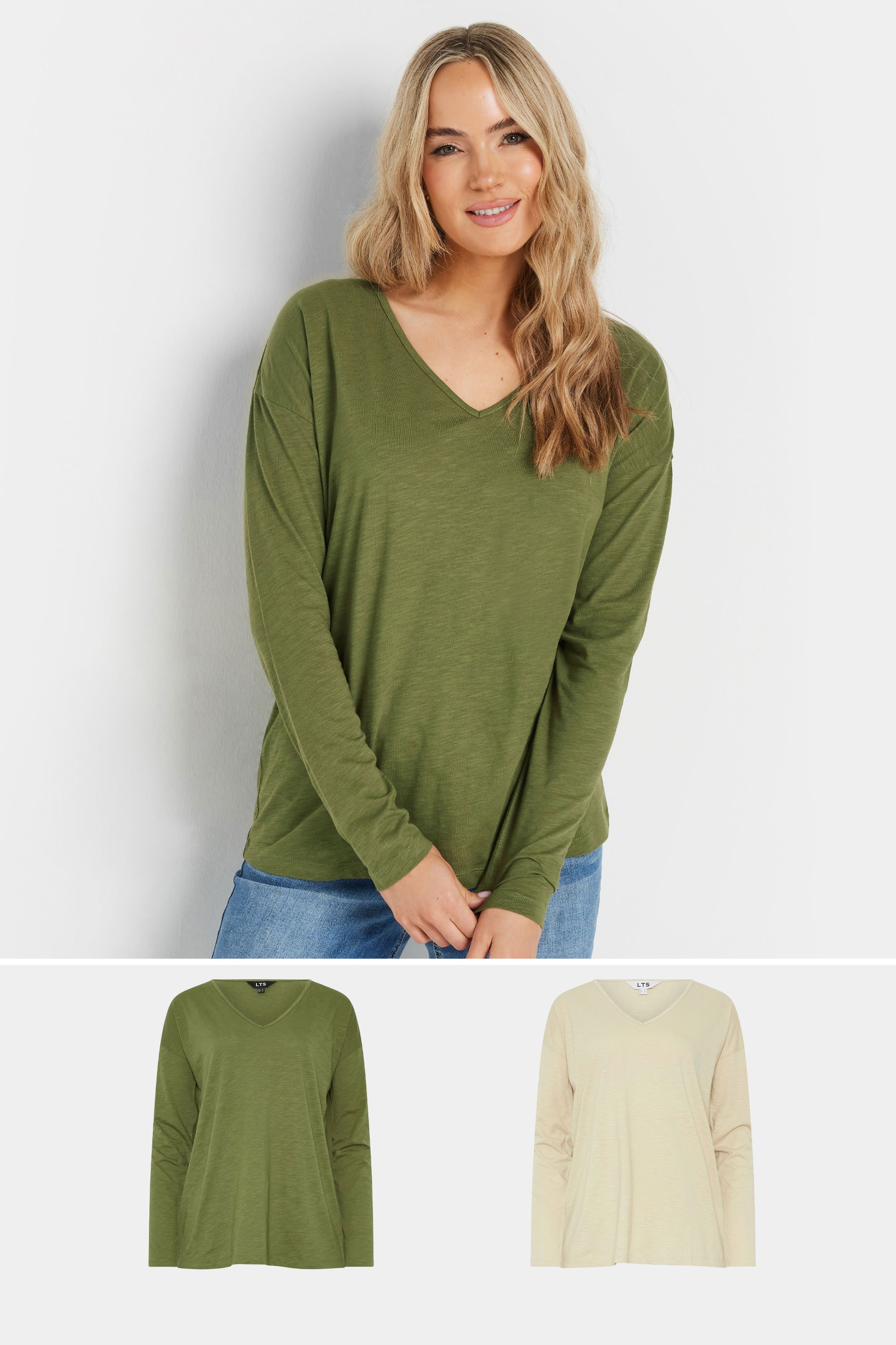 LTS Tall 2 PACK Stone Brown & Green Long Sleeve T-Shirts | Long Tall Sally 1