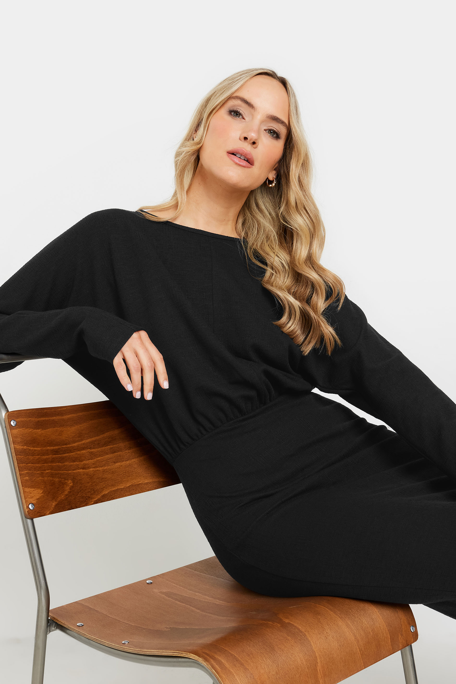 LTS Tall Black Textured Batwing Midi Dress | Long Tall Sally 4