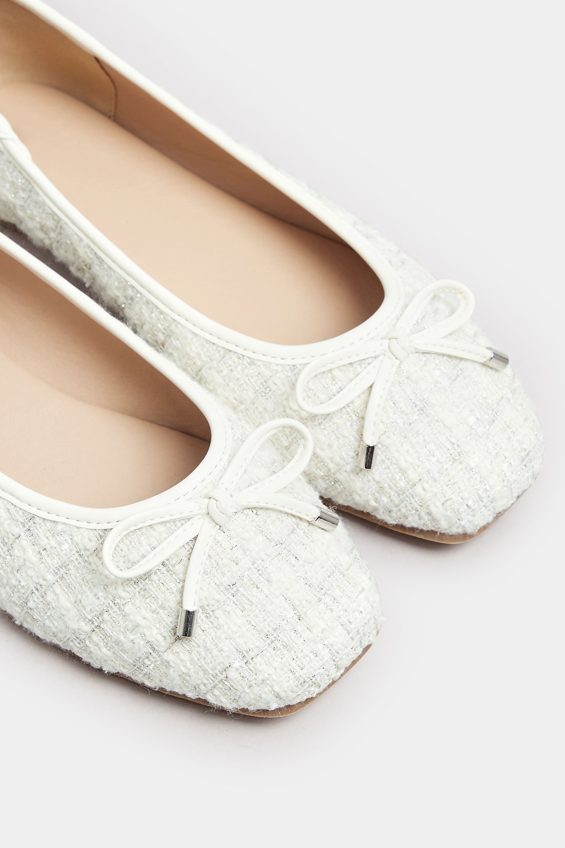 White Boucle Ballerina Pumps In Extra Wide EEE Fit | Yours Clothing 5