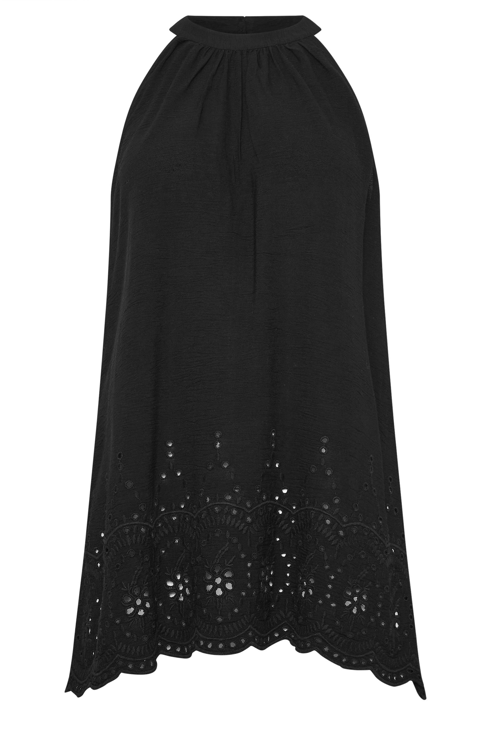 LTS Tall Black Broderie Hem Halter Neck Top | Long Tall Sally 5