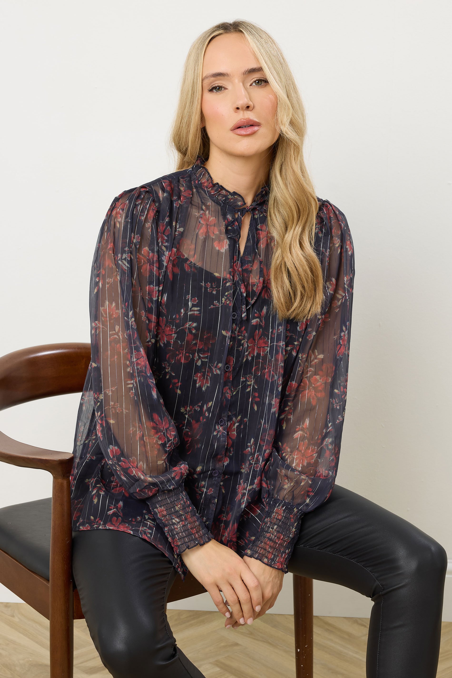 LTS Tall Navy Blue Floral Print Frill Neck Blouse | Long Tall Sally 2