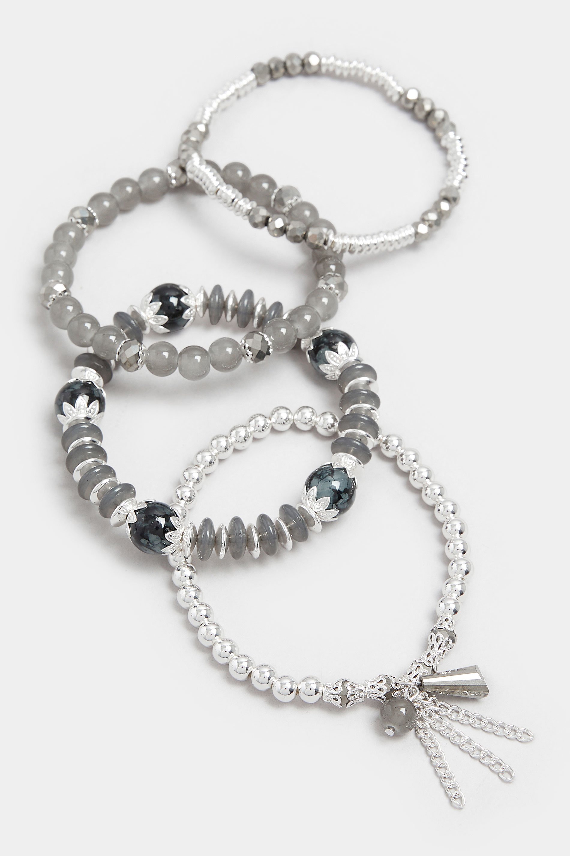 4 PACK Silver Tone Beaded Stretch Charm Bracelets | Yours Clothing 2