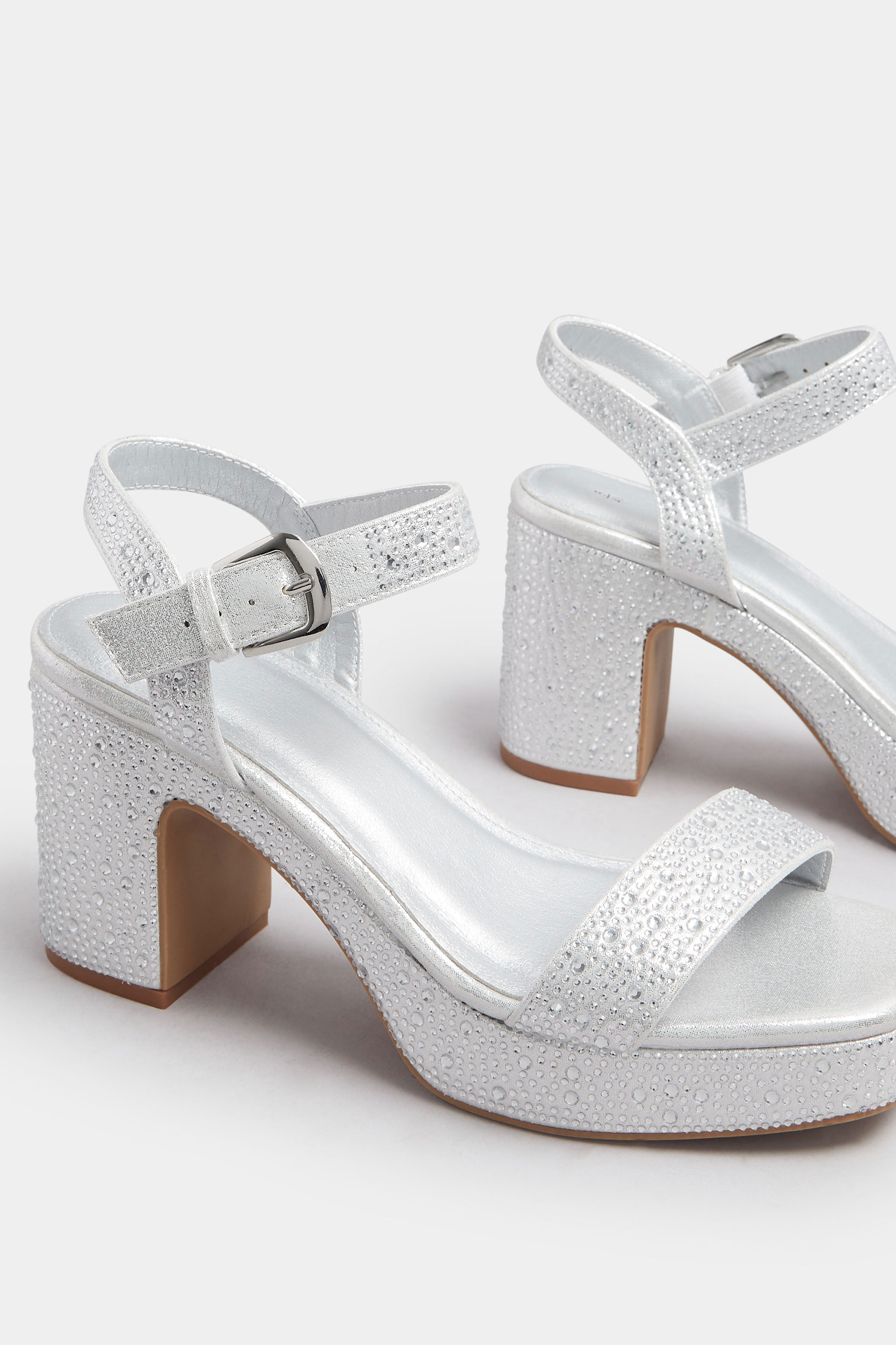 Silver Diamante Platform Block Heels In Wide E Fit | Yours Clothing 5