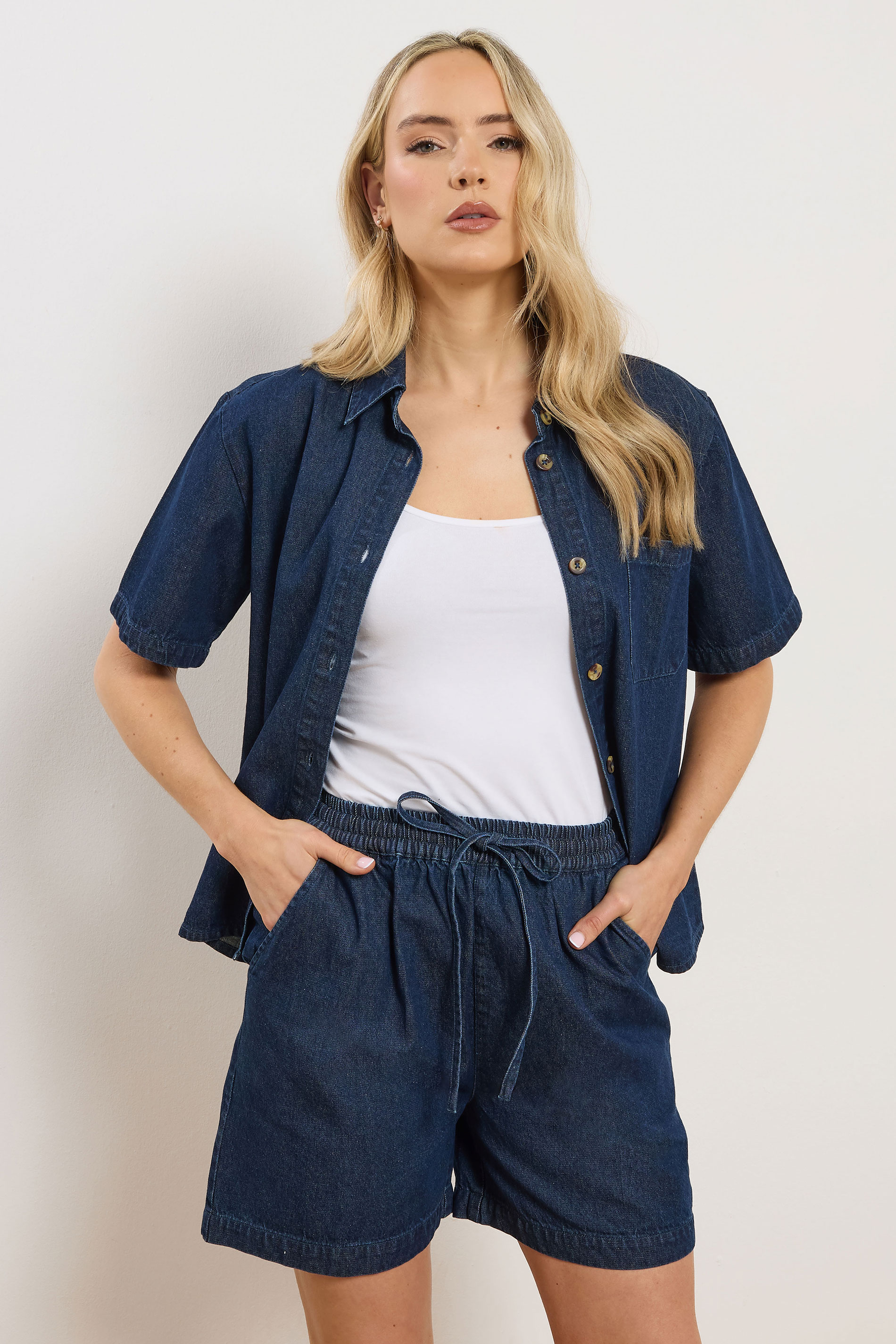 LTS Tall Women's Set Indigo Blue Denim Cotton Shirt & Shorts | Long Tall Sally 1