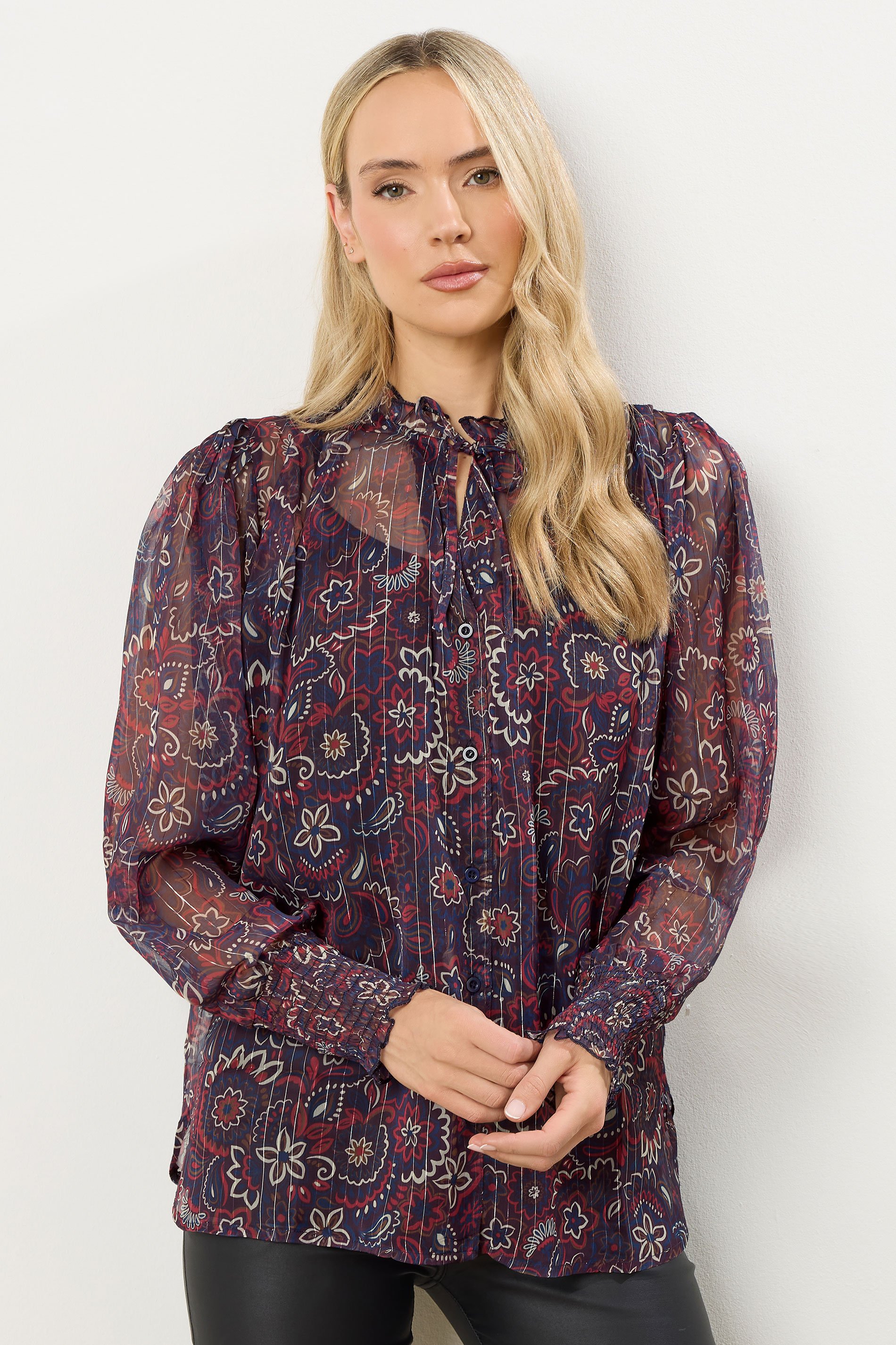 LTS Tall Dark Red Paisley Frill Neck Blouse | Long Tall Sally 1