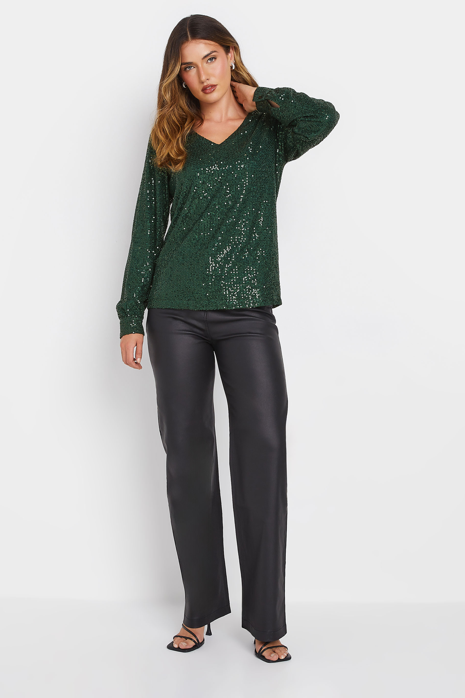 LTS Tall Women's Dark Green Sequin V-Neck Top | Long Tall Sally 2