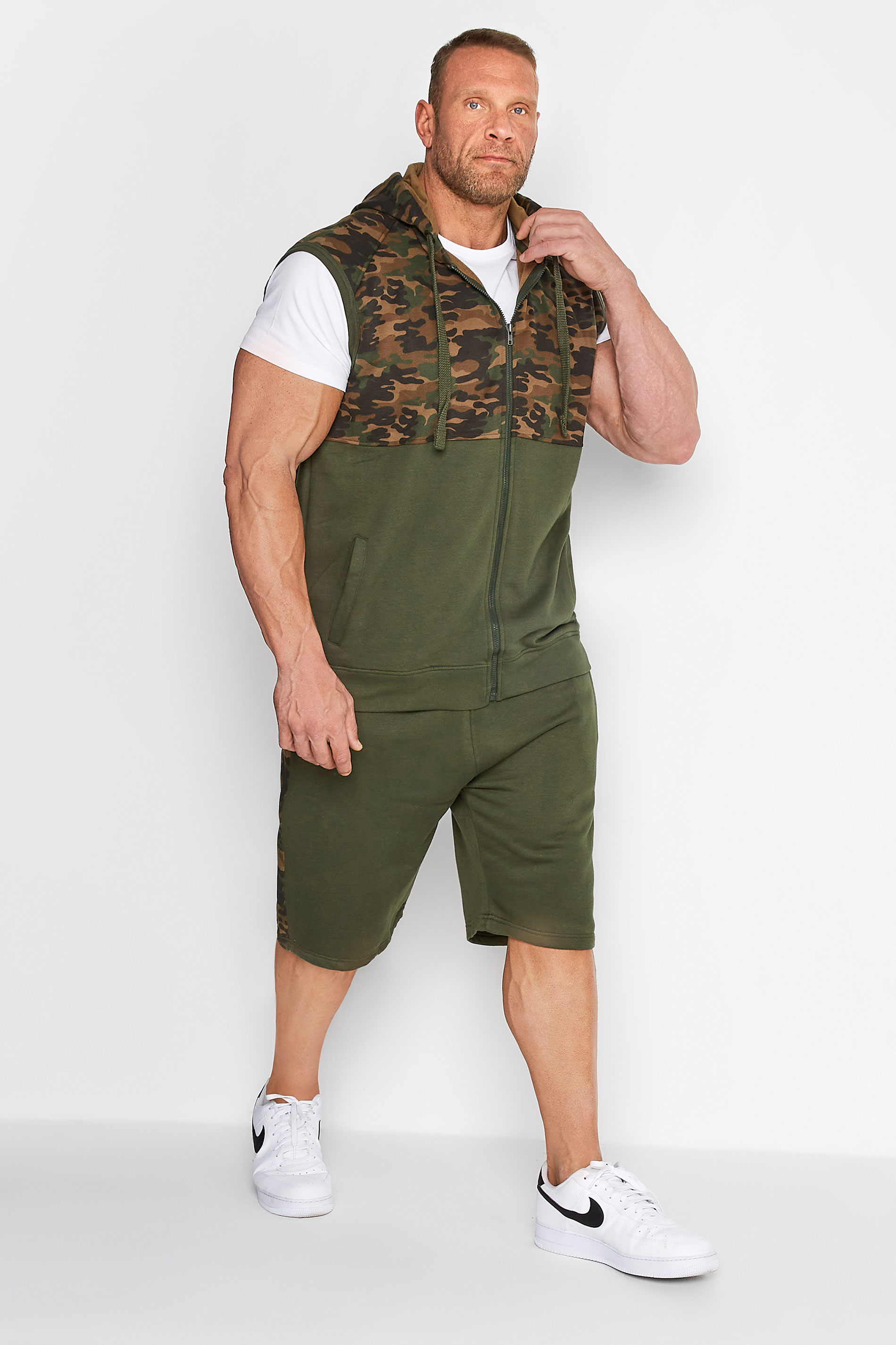 KAM Khaki Green Camo Panel Jogger Shorts | BadRhino  1