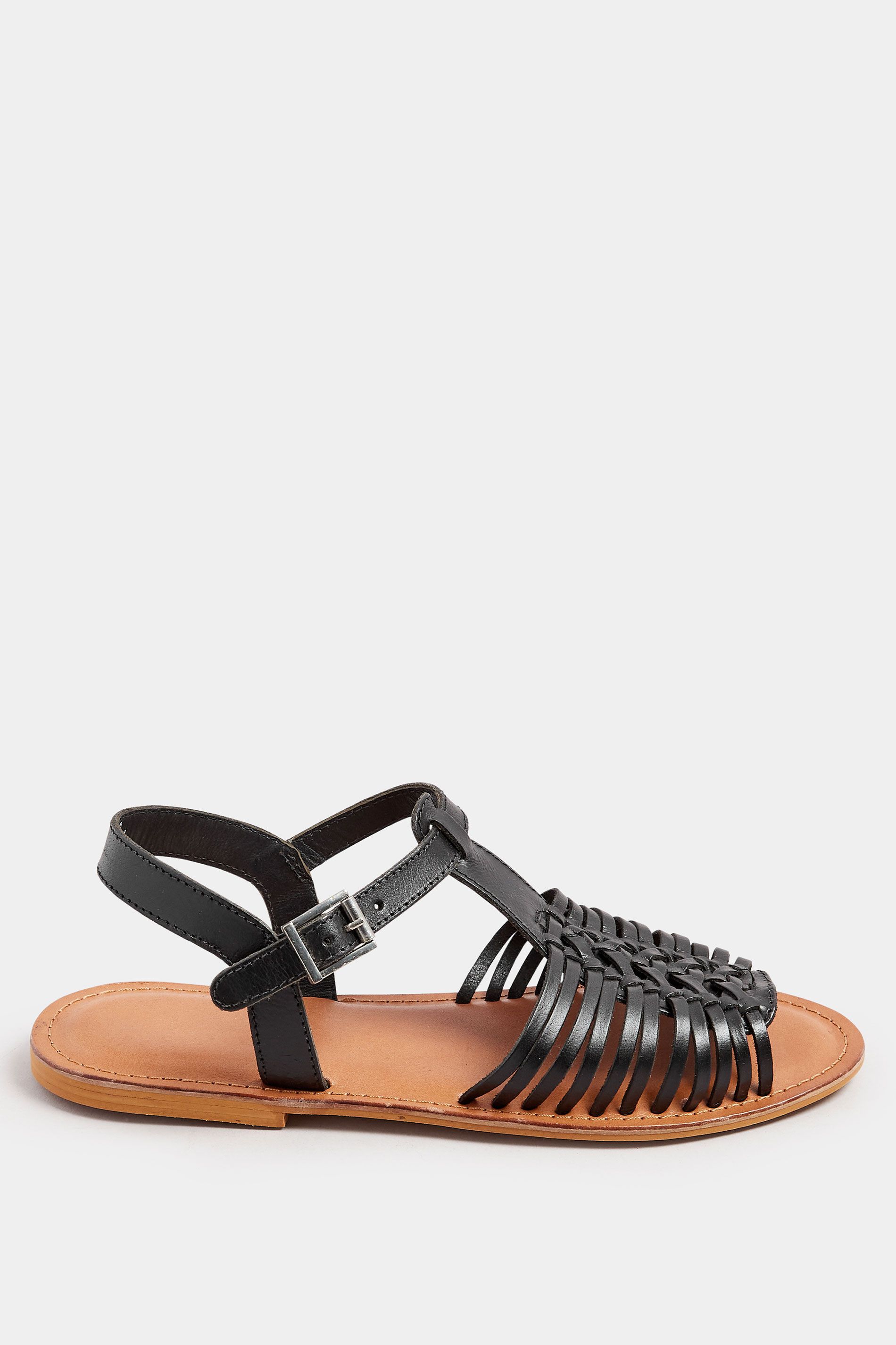Black Leather Woven Fisherman Sandals In Extra Wide EEE Fit | Yours Clothing 4
