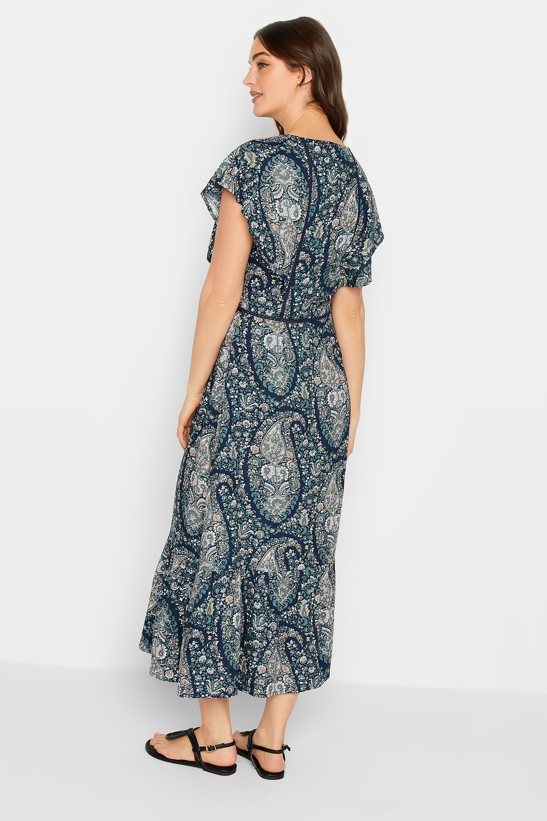 LTS Tall Women's Navy Blue Paisley Print Frill Sleeve Maxi Dress | Long Tall Sally 3