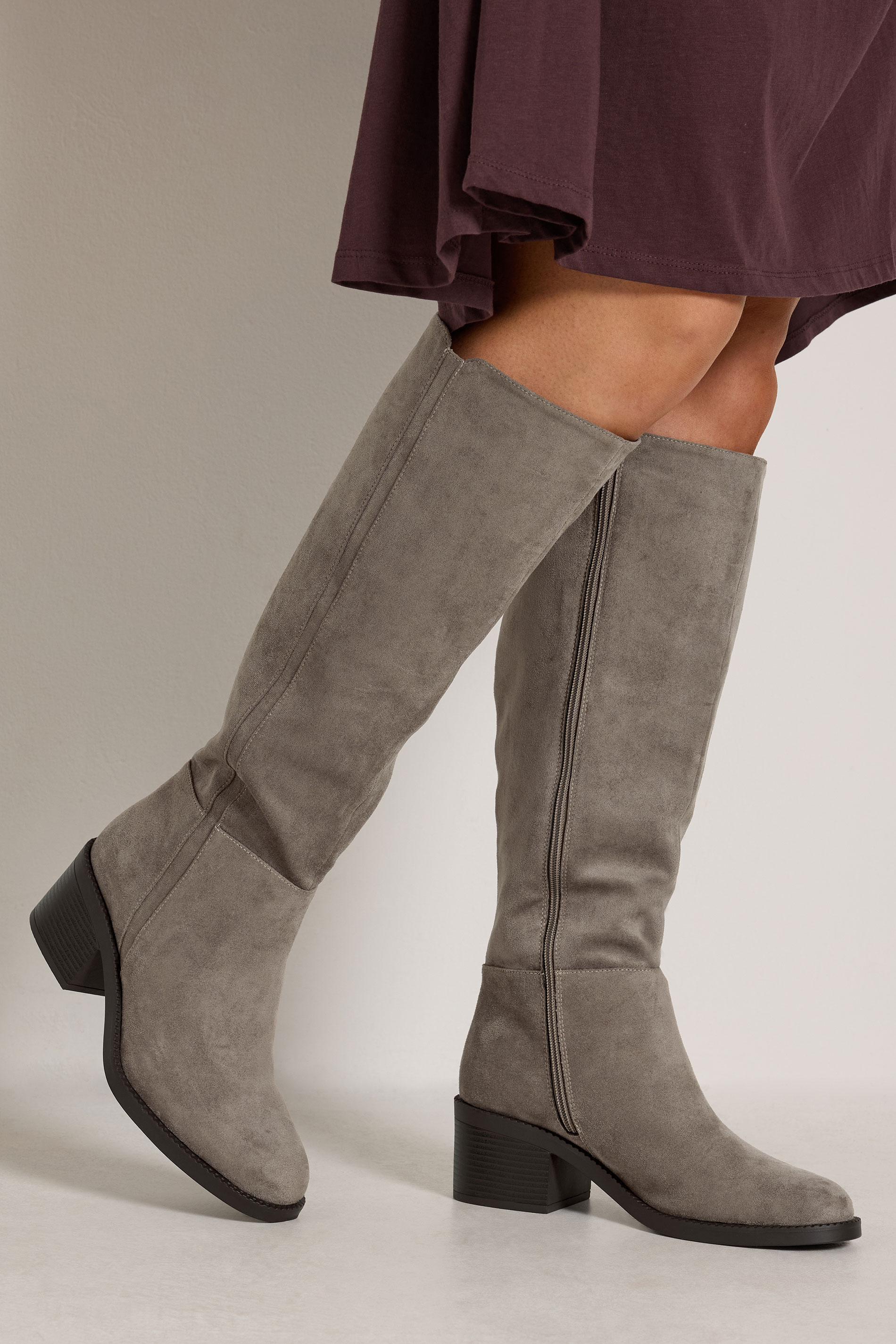 Taupe Brown Faux Suede Knee High Boots In Extra Wide EEE Fit | Yours Clothing 1
