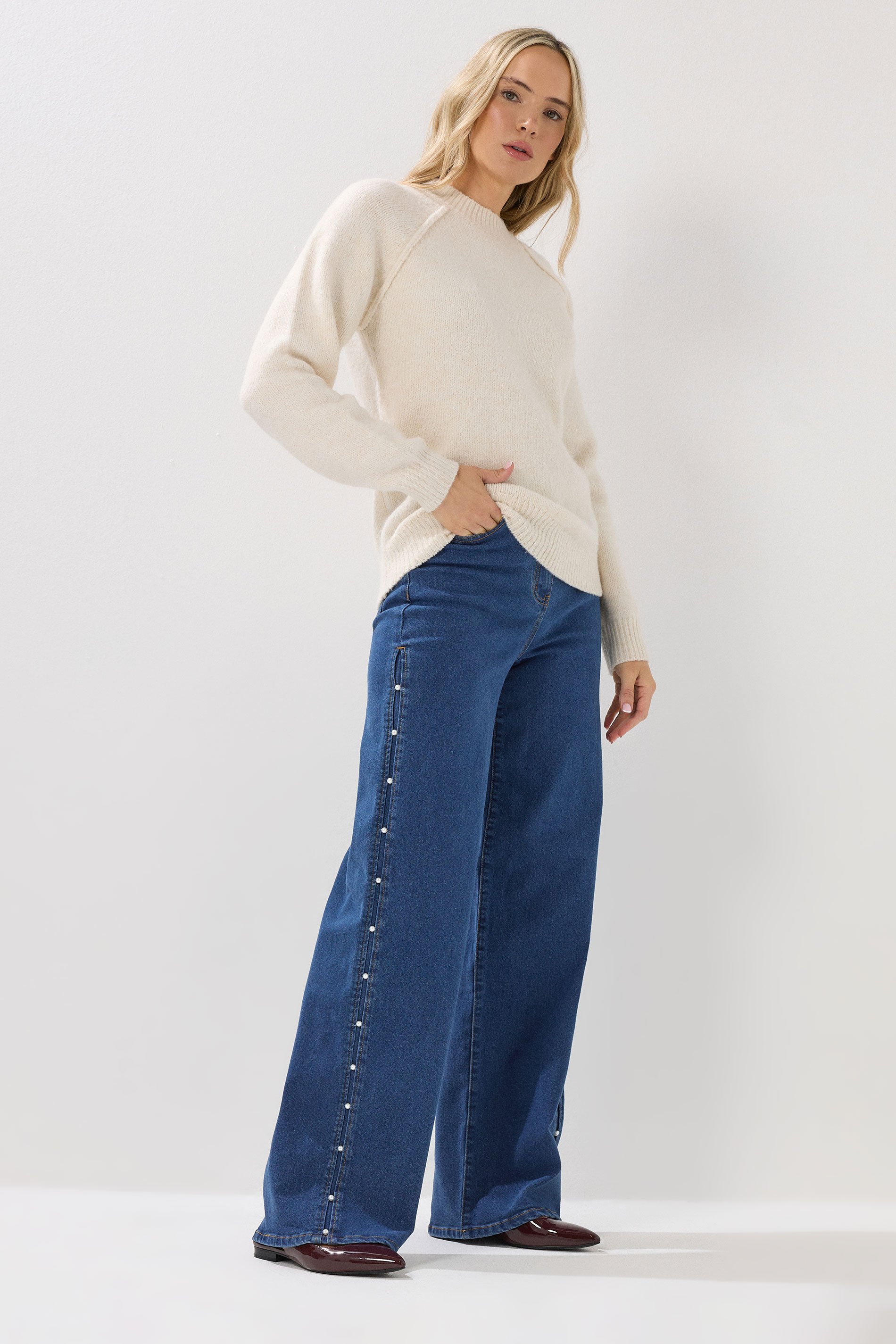 LTS Tall Dark Blue Pearl Detail Wide Leg Jeans | Long Tall Sally 2