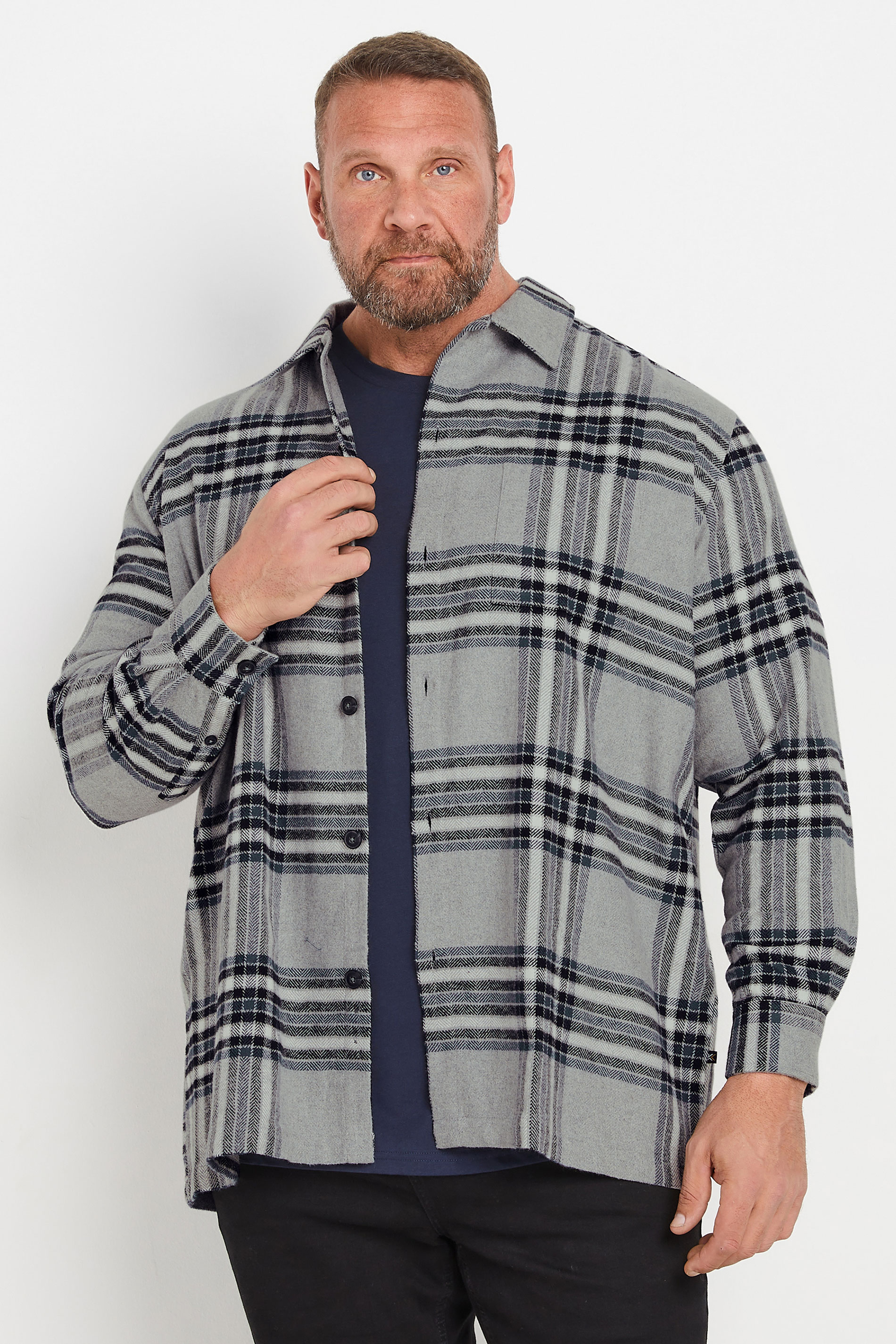KAM Big & Tall Silver Brushed Cotton Checked Overshirt | BadRhino 1