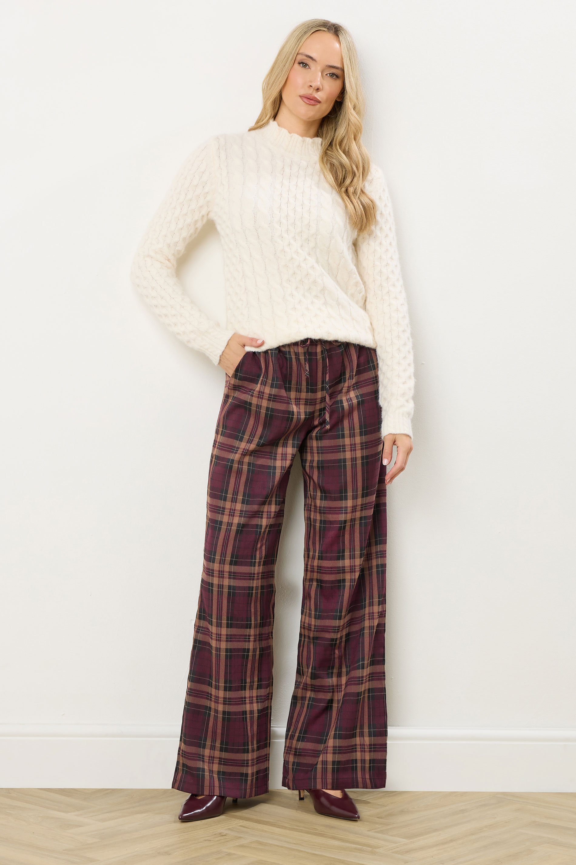 LTS Tall Burgundy Red Checked Wide Leg Trousers | Long Tall Sally 2