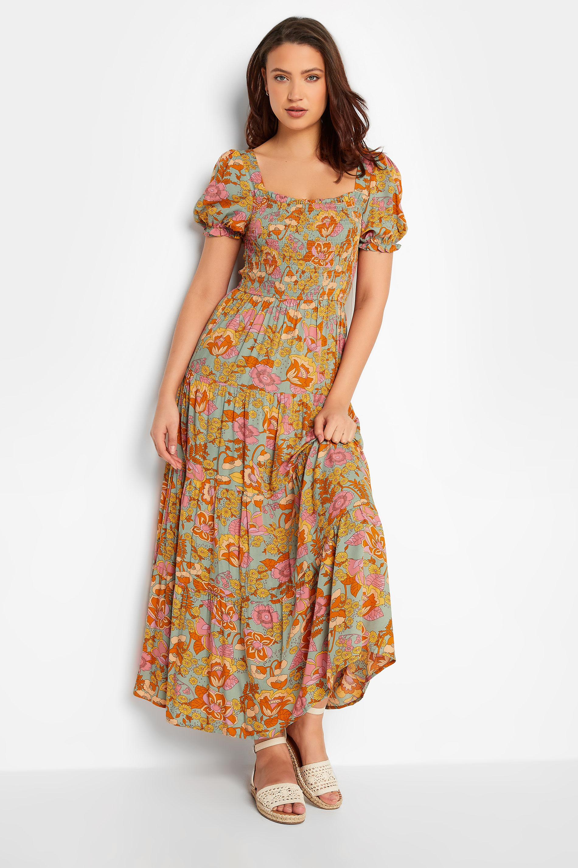 LTS Tall Orange Floral Square Neck Maxi Dress | Long Tall Sally  1