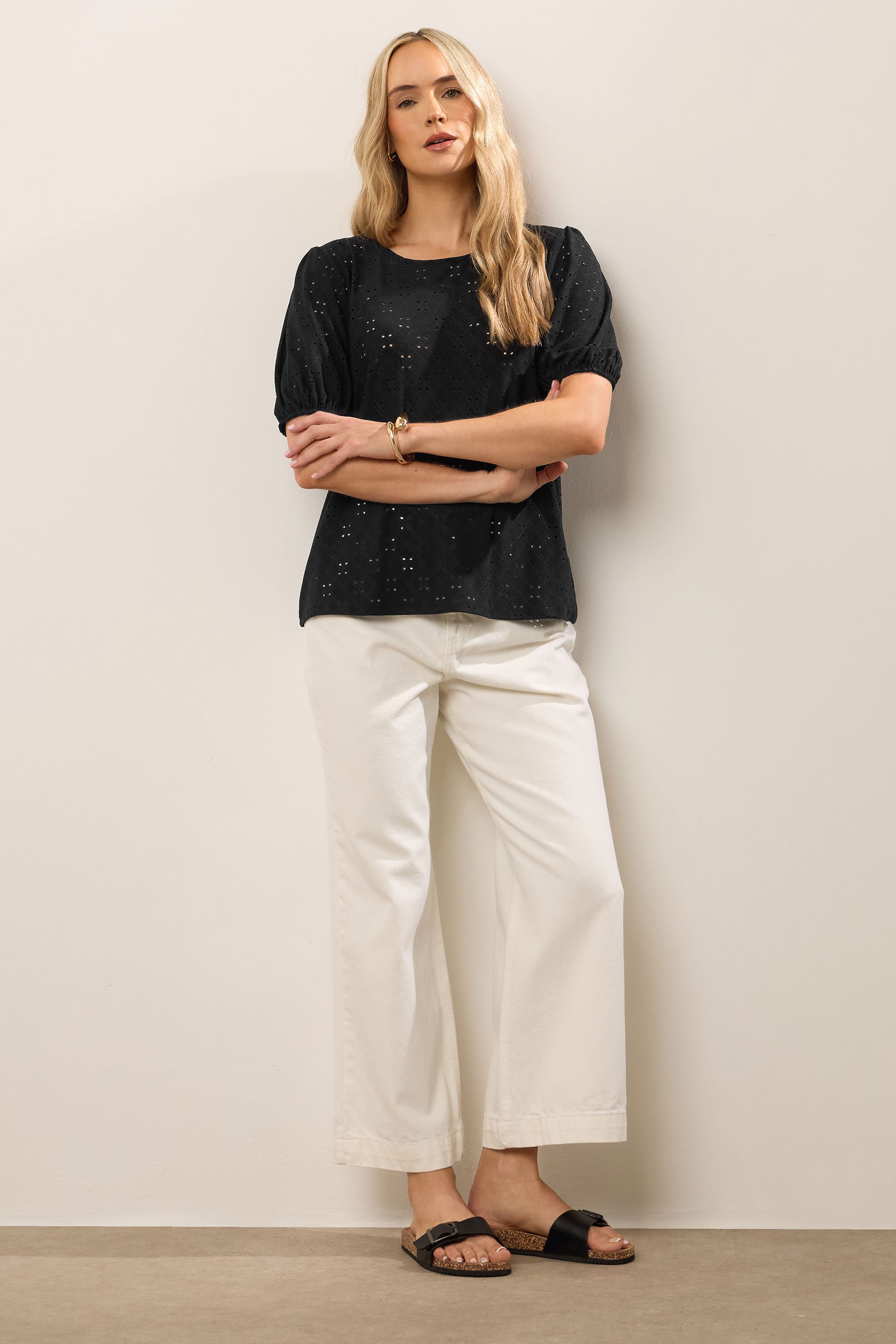 LTS Tall Black Broderie Puff Sleeve Top | Long Tall Sally 2