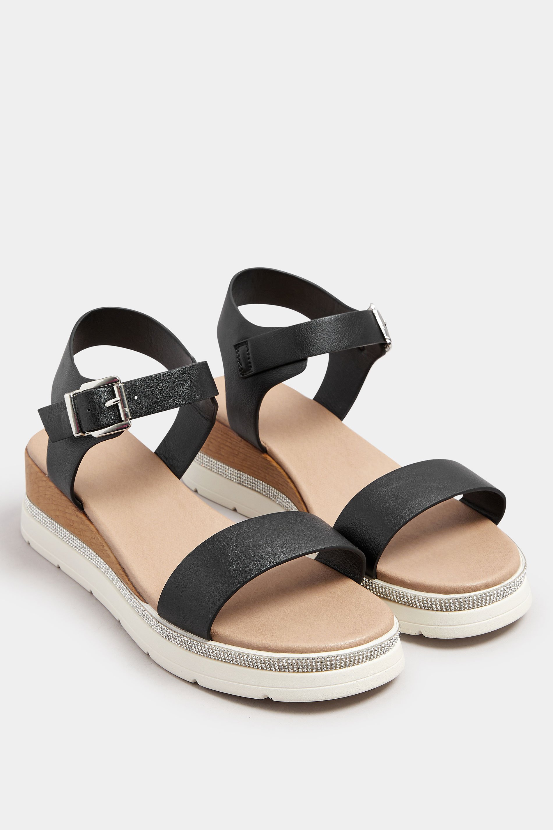 Black Diamante Flatform Sandals In Wide E Fit & Extra Wide EEE Fit | Yours Clothing 2