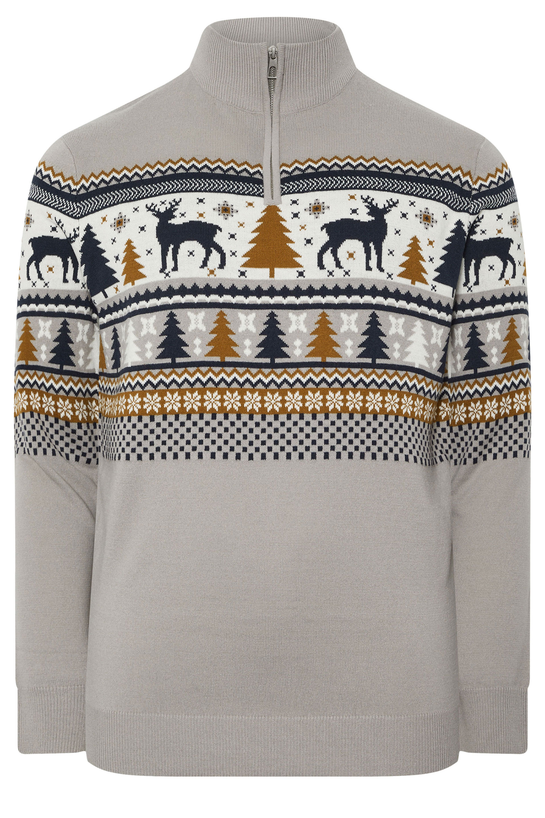 BadRhino Big & Tall Grey Fairisle Deer Quarter Zip Knitted Jumper | BadRhino 7