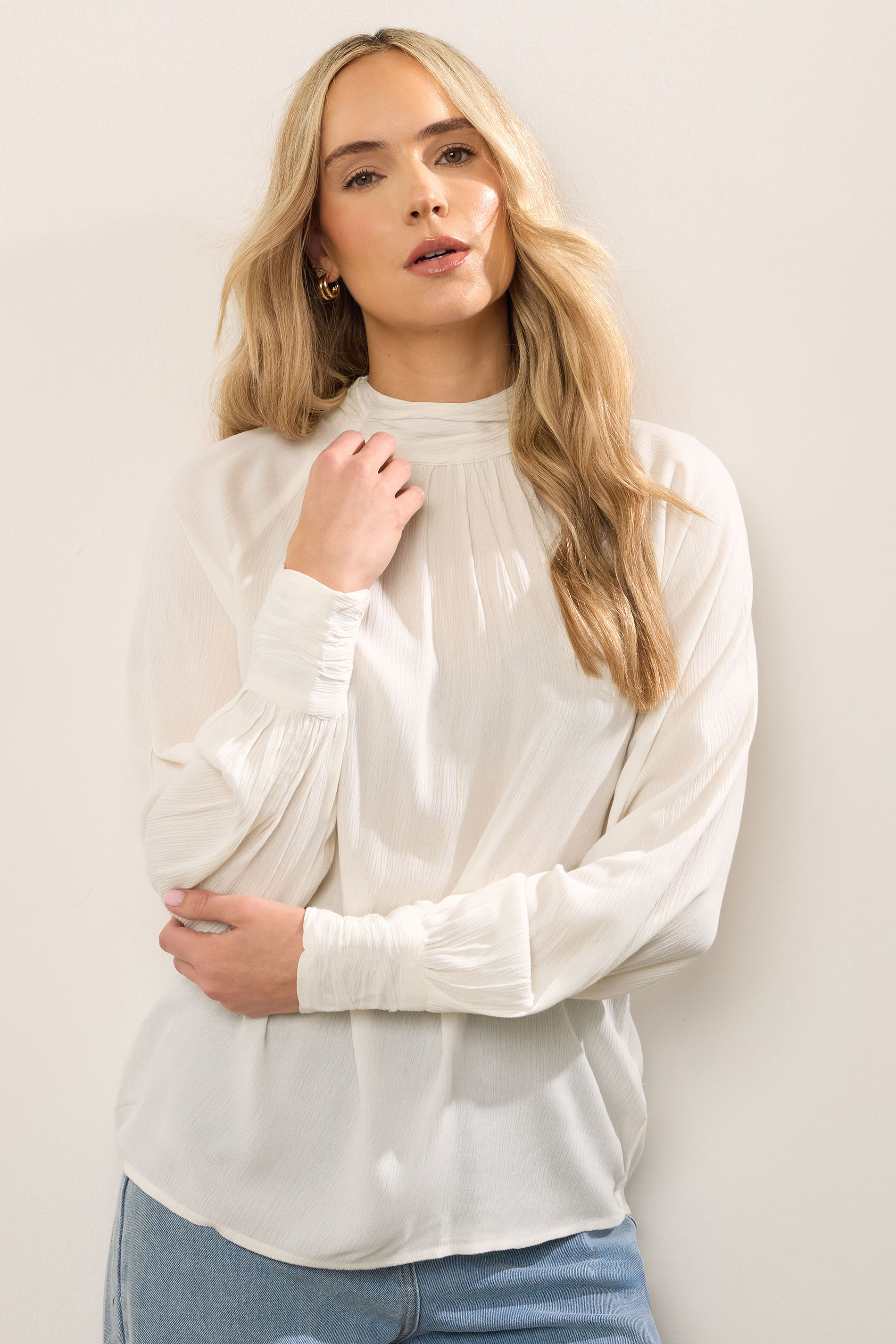 LTS Tall Ivory White High Neck Crinkle Top | Long Tall Sally 1