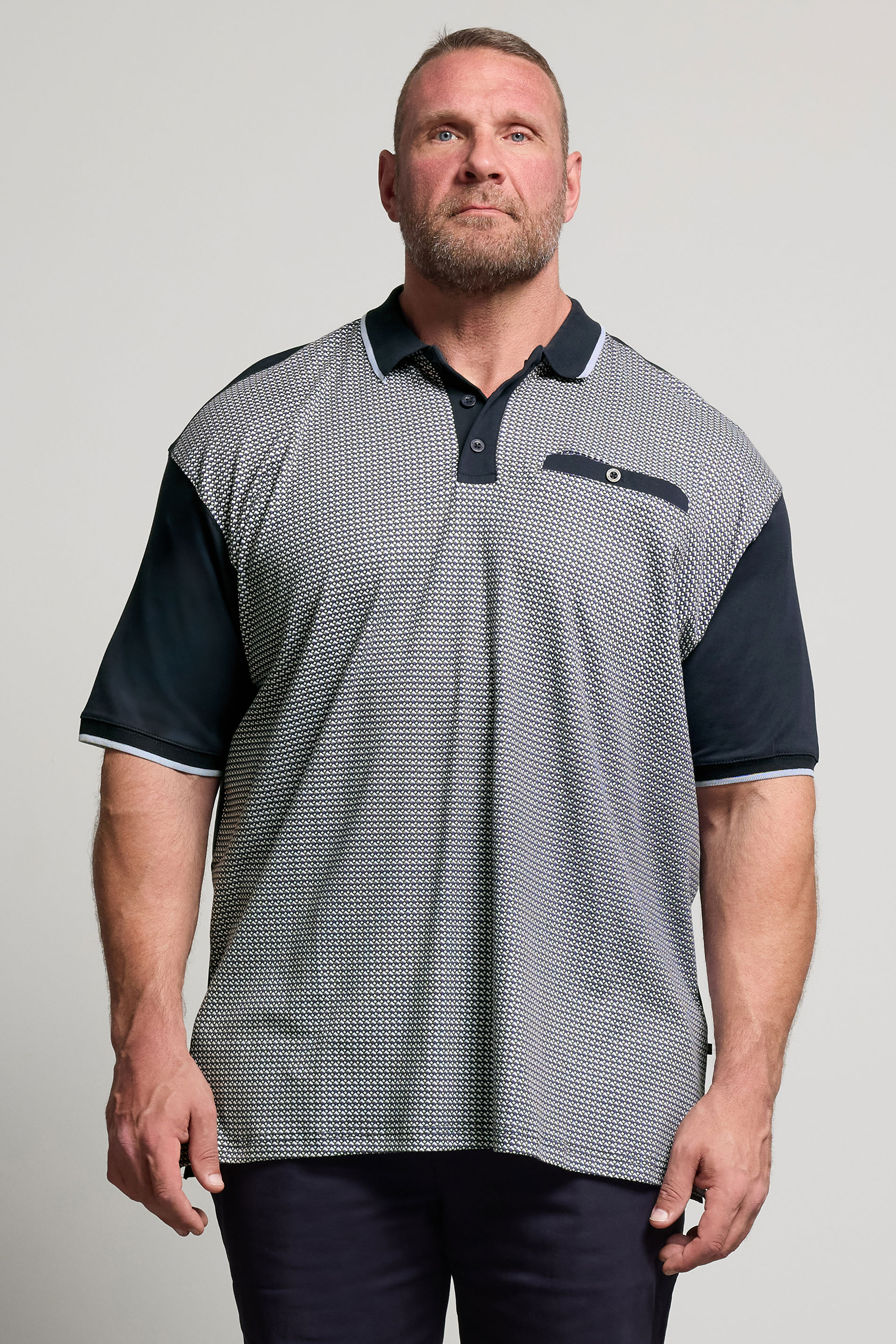 KAM Navy Blue Geometric Print Short Sleeve Polo Shirt | BadRhino 1