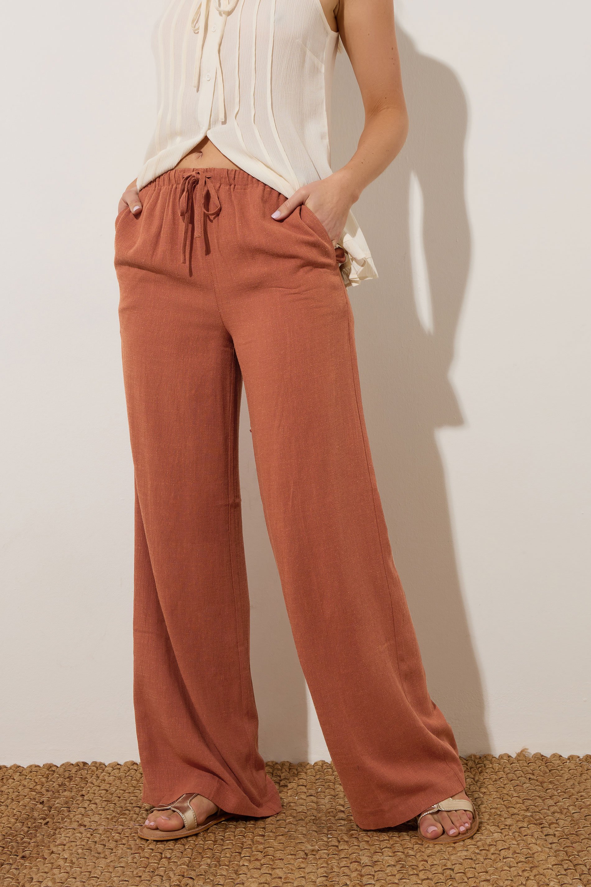 LTS Tall Rust Orange Linen Tie Waist Trousers | Long Tall Sally 2