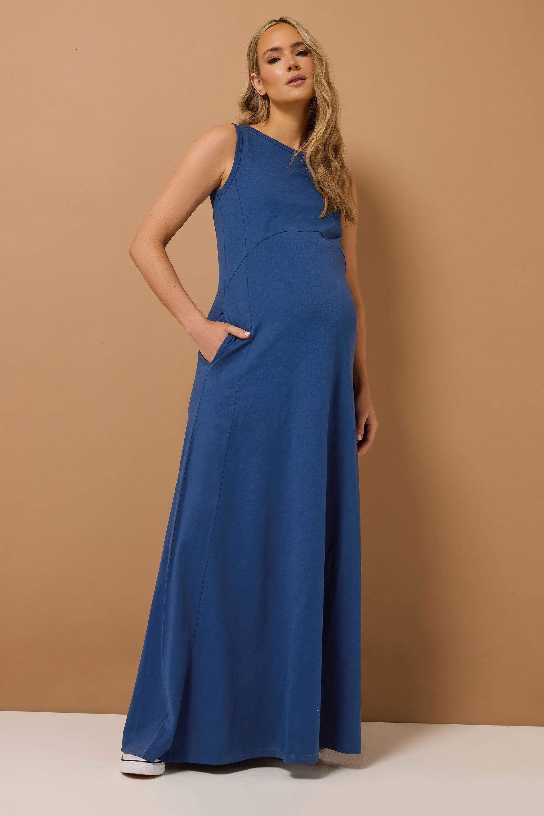 LTS Tall Premium Maternity Navy Blue Cotton Vest Maxi Dress | Long Tall Sally 2