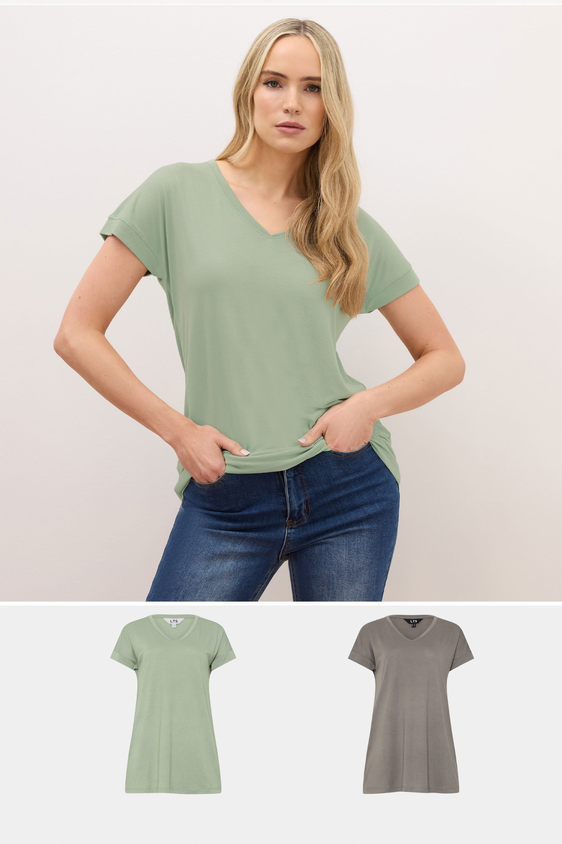 LTS PREMIUM Tall 2 PACK Sage Green & Grey V-Neck Modal T-Shirts | Long Tall Sally 1