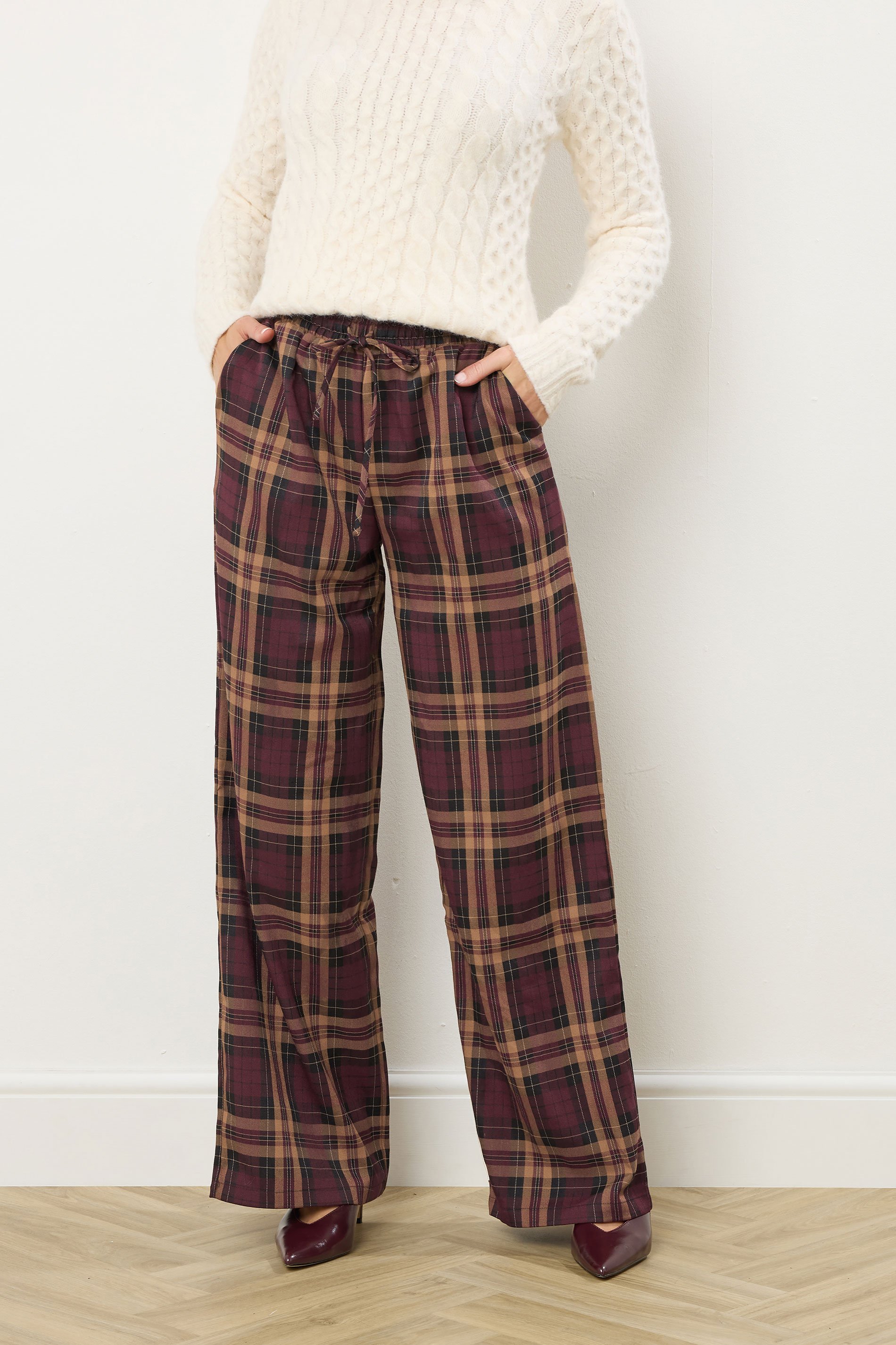 LTS Tall Burgundy Red Checked Wide Leg Trousers | Long Tall Sally 3