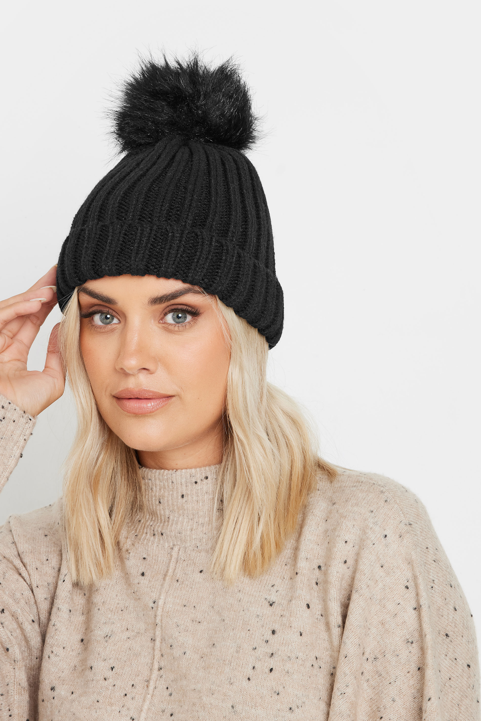 Black Faux Fur Pom Pom Bobble Hat | Yours Clothing 2