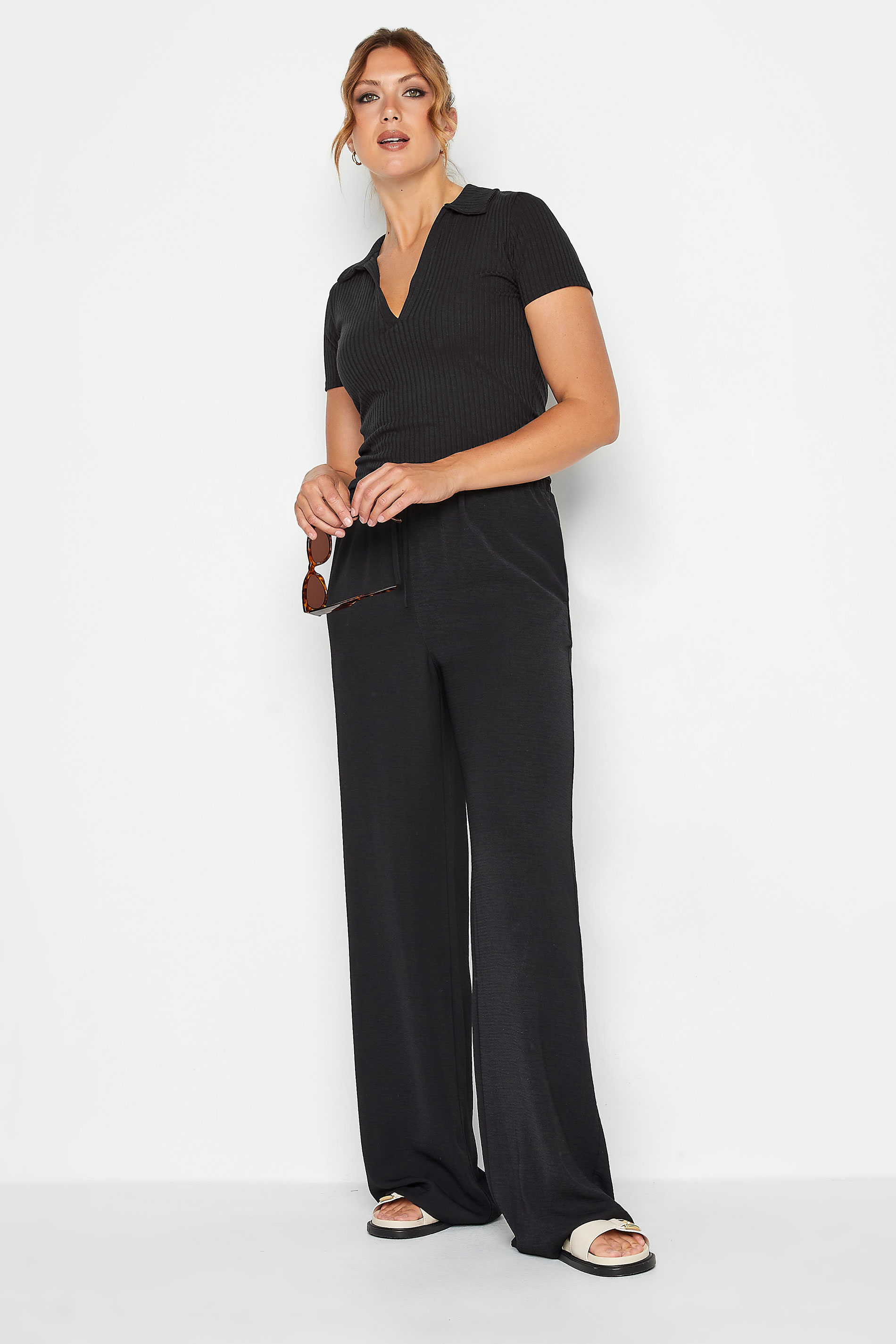 LTS Tall Women's Black Cropped Ribbed Polo Top | Long Tall Sally 3