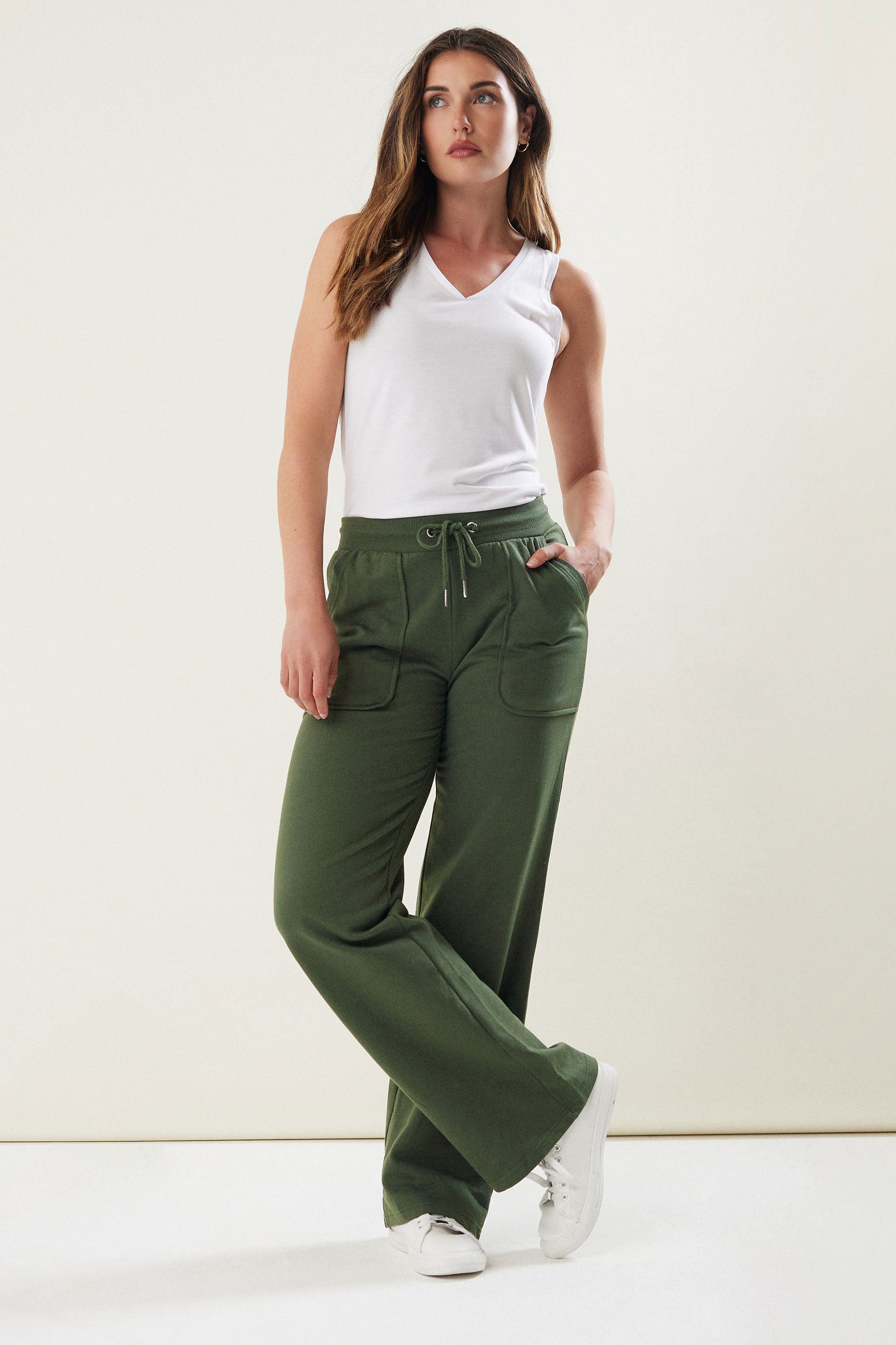 LTS Tall Khaki Green Pocket Patch Wide Leg Joggers | Long Tall Sally 1