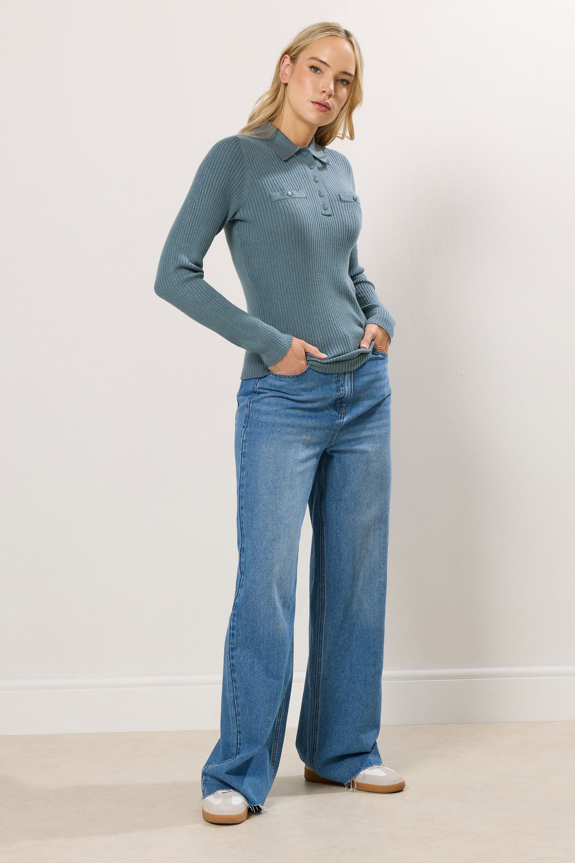 LTS Tall Blue Marl Knitted Polo Top | Long Tall Sally 2