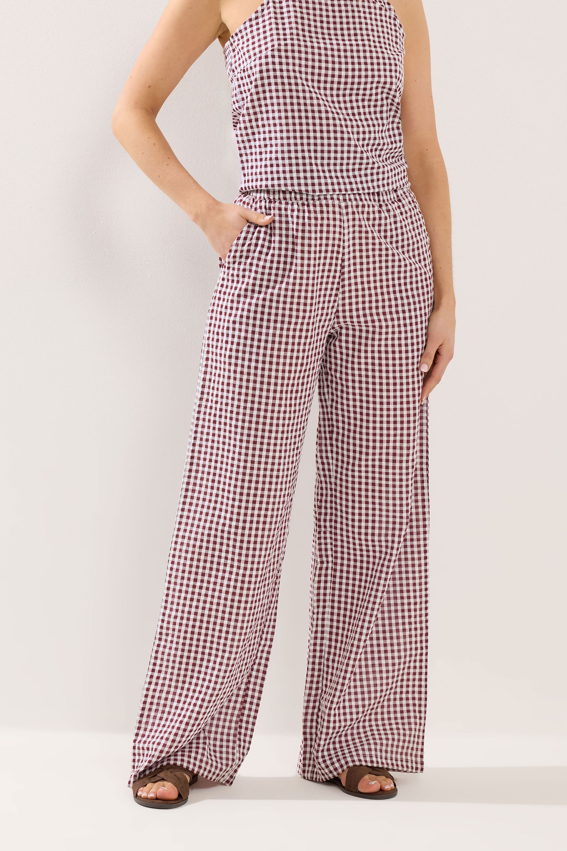 LTS Tall Women's Set Burgundy Red Gingham Cotton Vest Top & Trousers | Long Tall Sally 6
