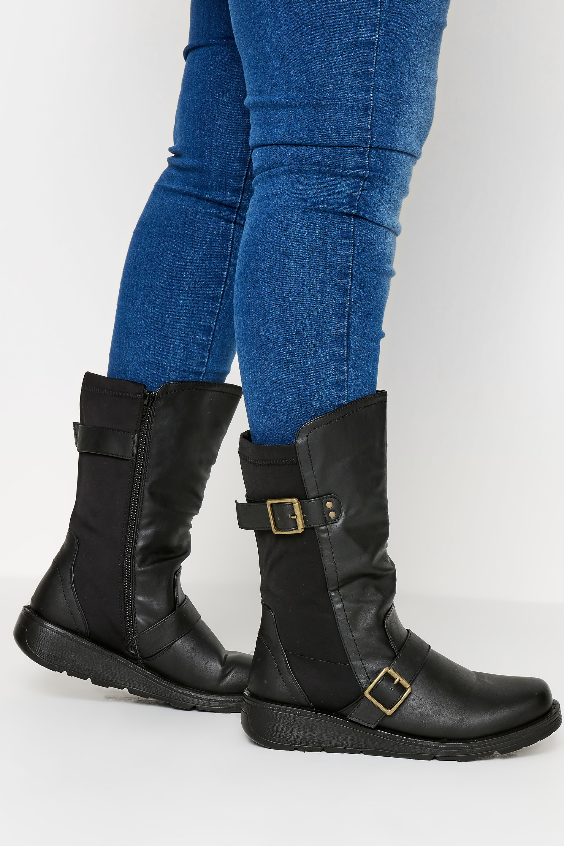 Black Faux Leather Wedge Buckle Boots In Extra Wide EEE Fit | Yours Clothing 1