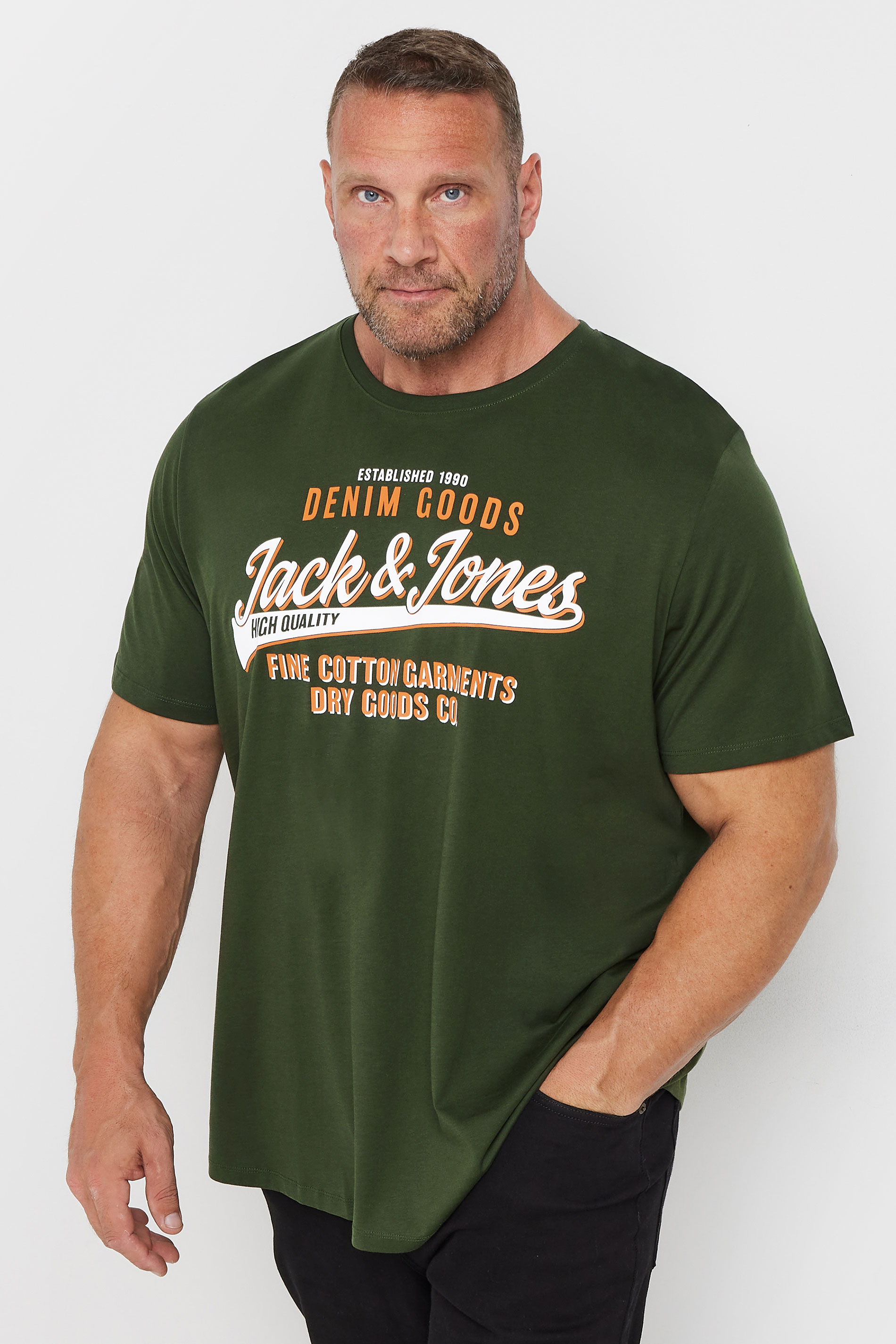 JACK & JONES Big & Tall Dark Green & Orange 'Denim Goods' Chest Logo T-Shirt | BadRhino 1