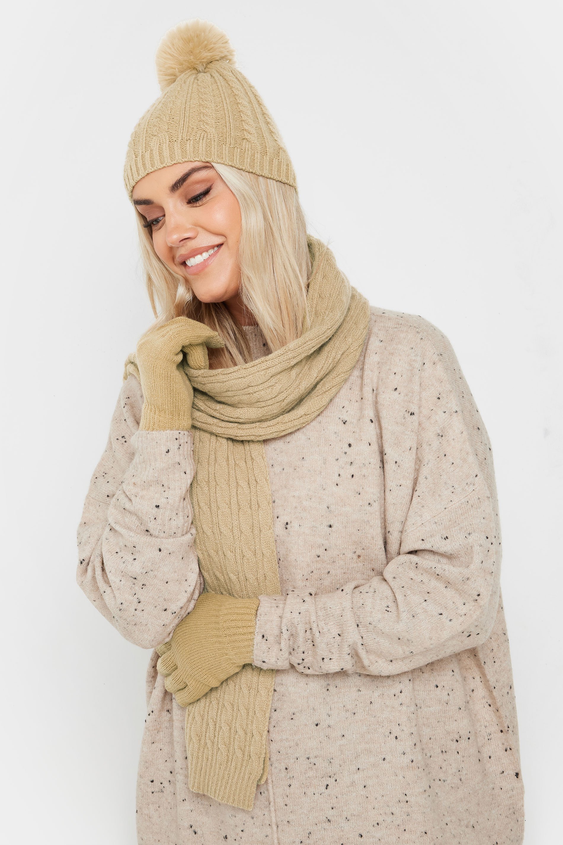 Beige Brown Cable Knit Hat Gloves & Scarf Set | Yours Clothing 1