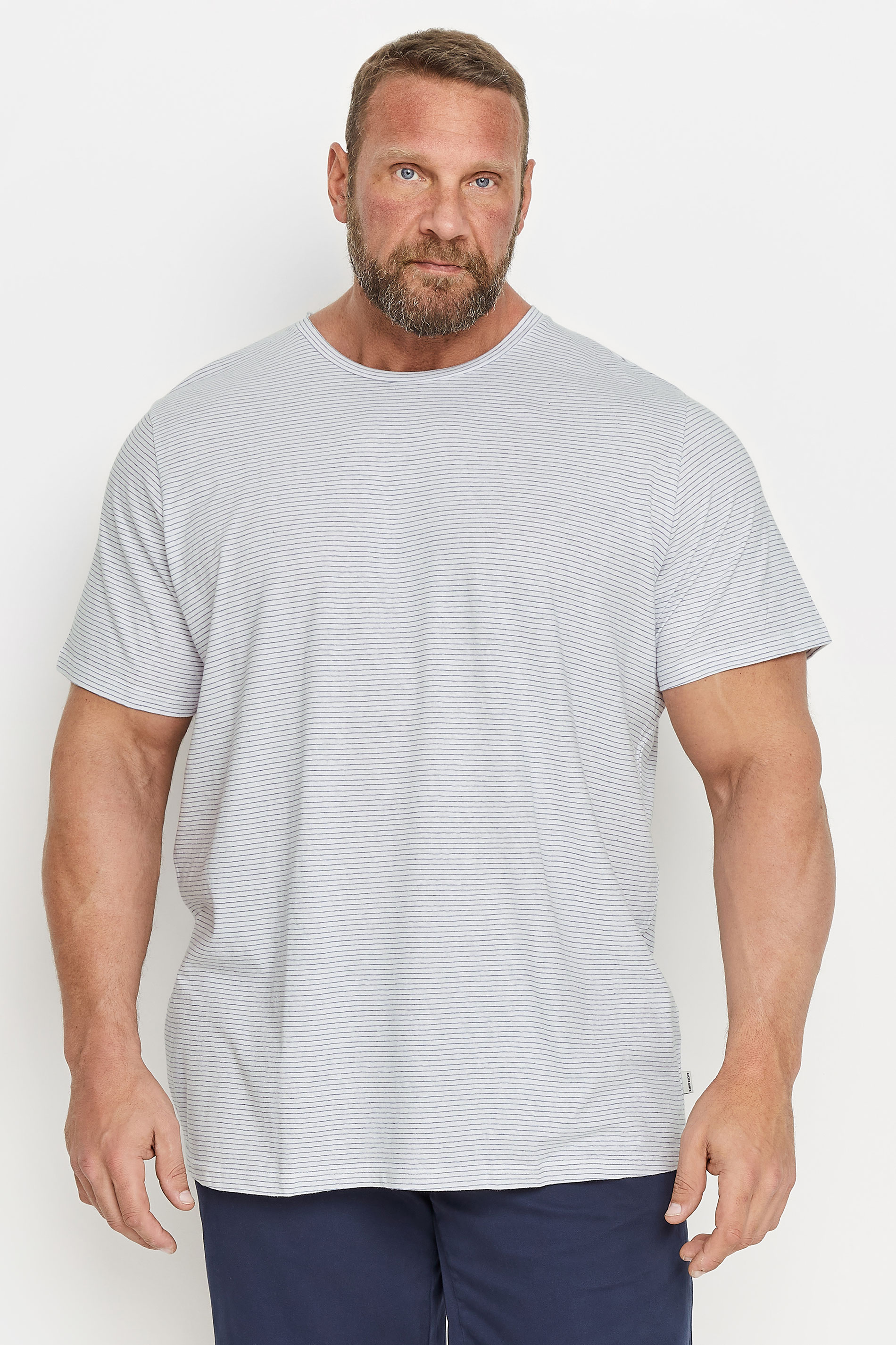 JACK & JONES Big & Tall White Striped Linen T-Shirt | BadRhino 1