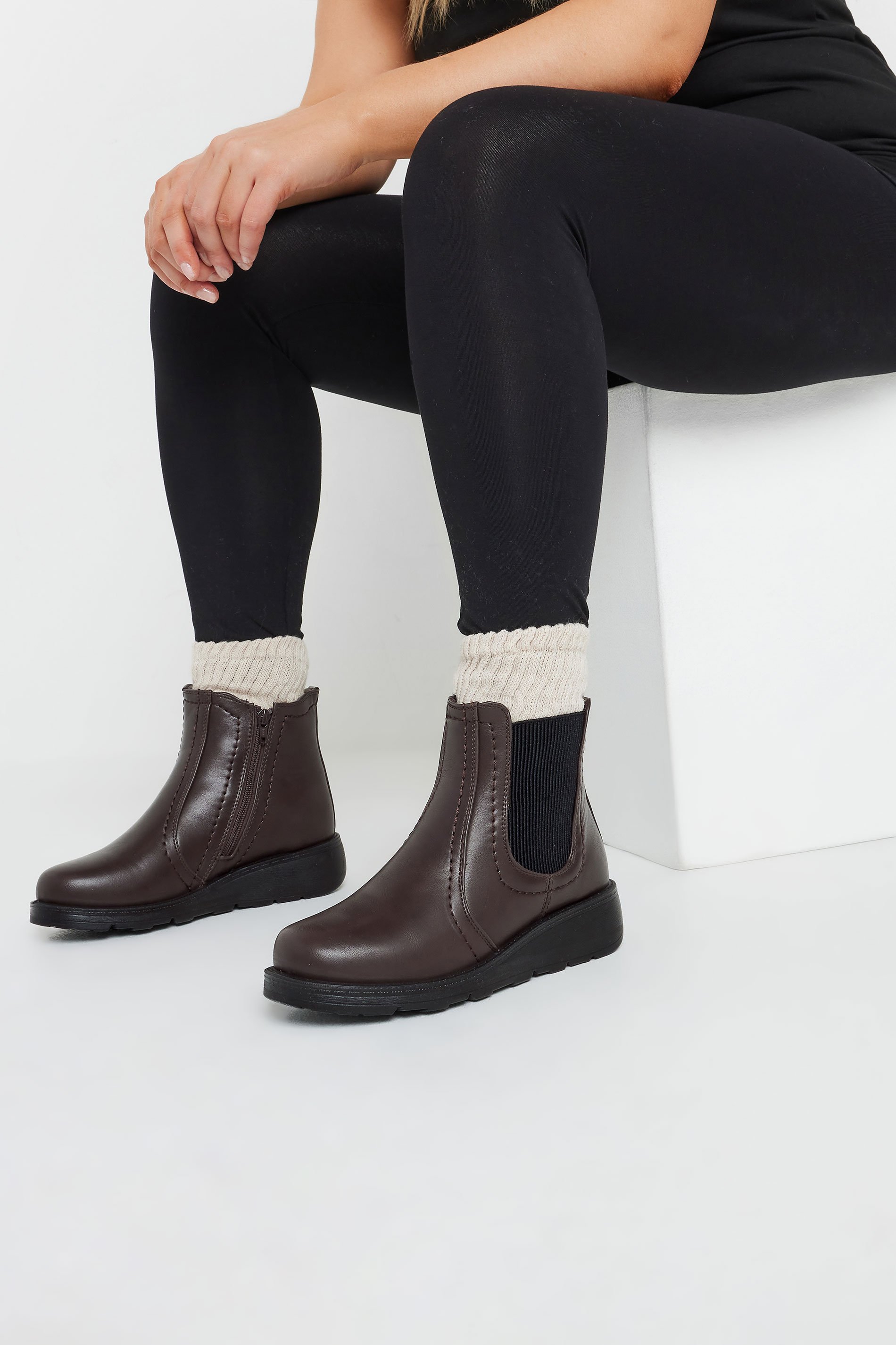 Brown Wedge Chelsea Boots In Wide E Fit & Extra Wide EEE Fit | Yours Clothing 1