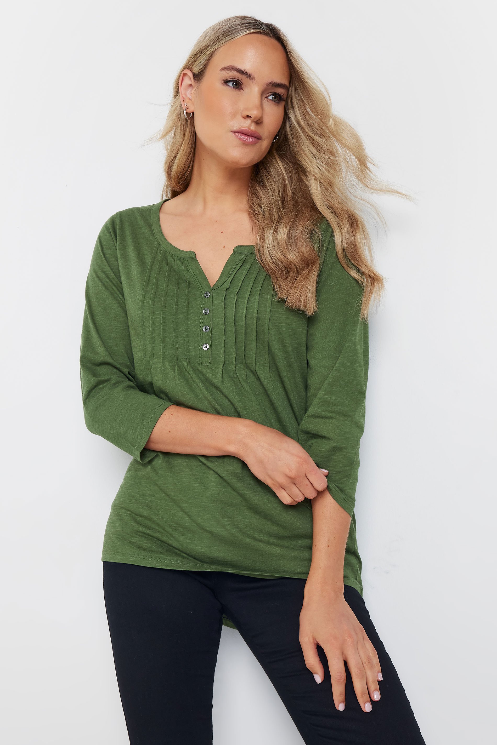 LTS Tall Khaki Green Cotton Henley Top | Long Tall Sally