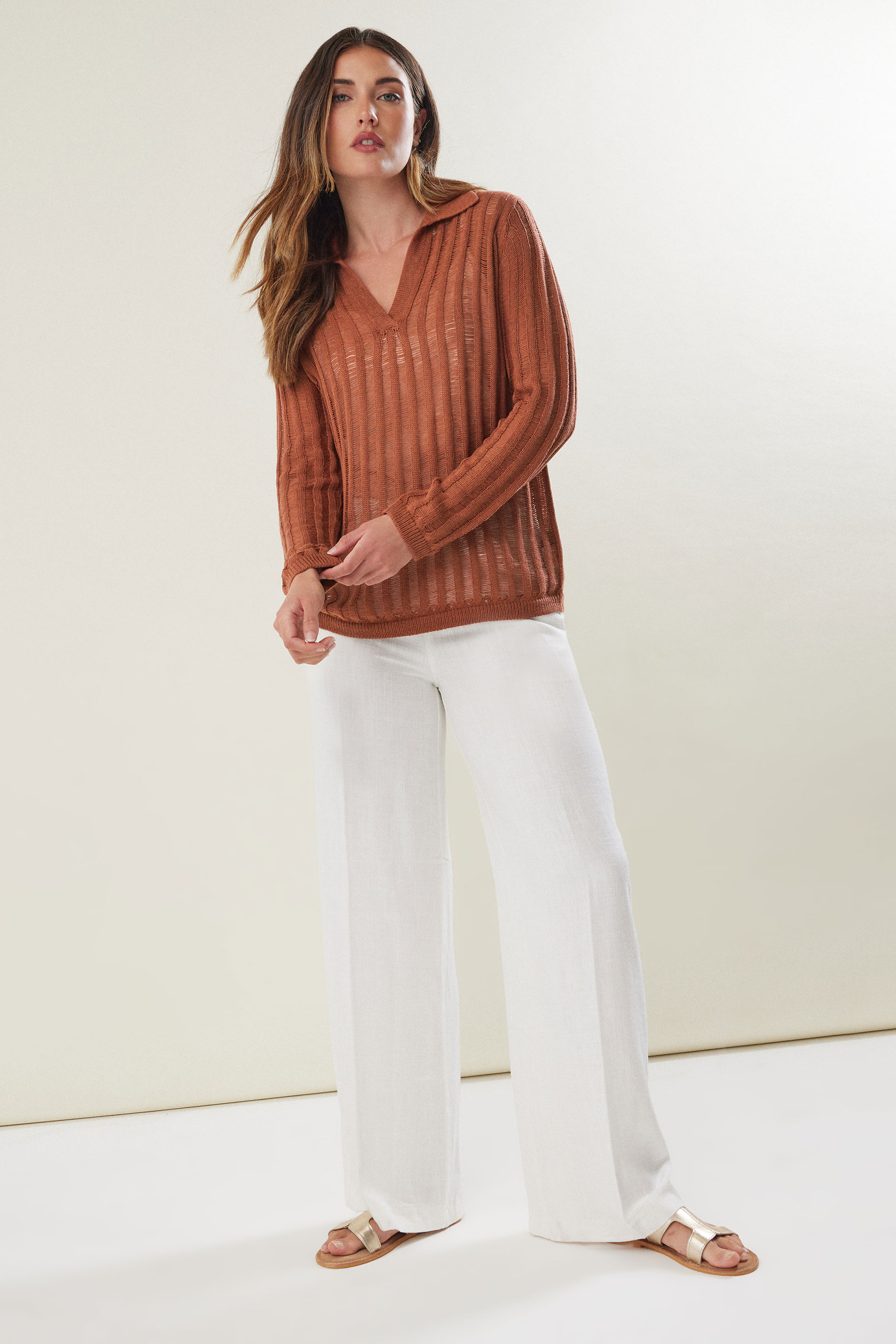 LTS Tall Womens Rust Orange Collared Crochet Jumper | Long Tall Sally 3