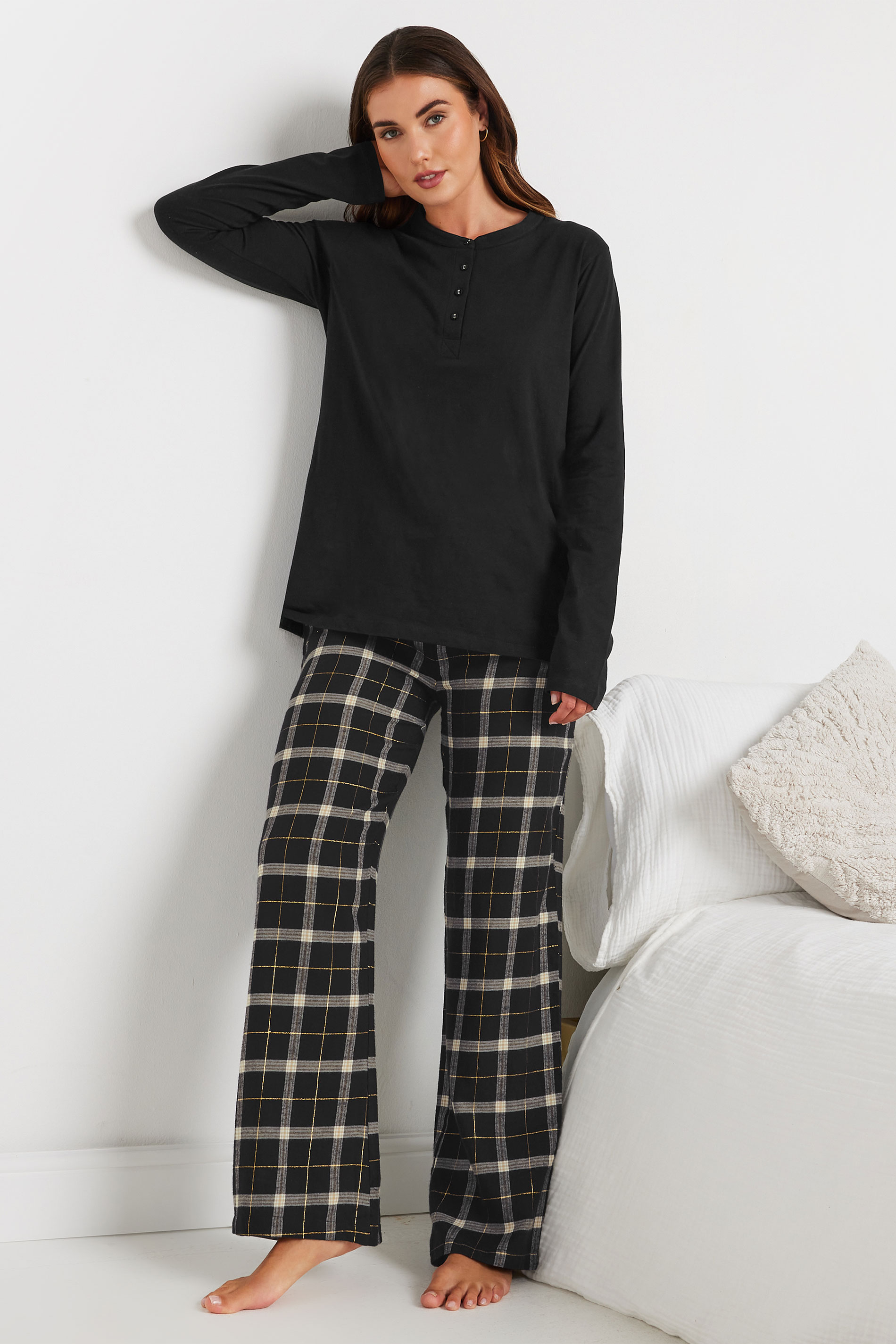 LTS Tall Black Woven Check Pyjama Bottoms | Long Tall Sally 1