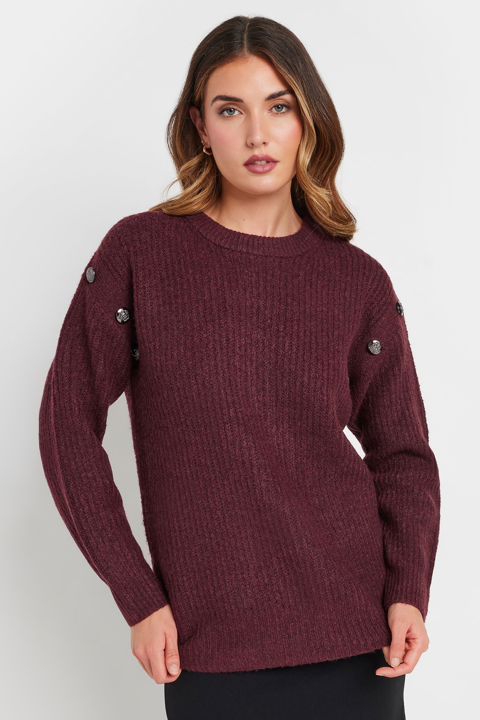 LTS Tall Burgundy Red Knitted Button Jumper | Long Tall Sally 1