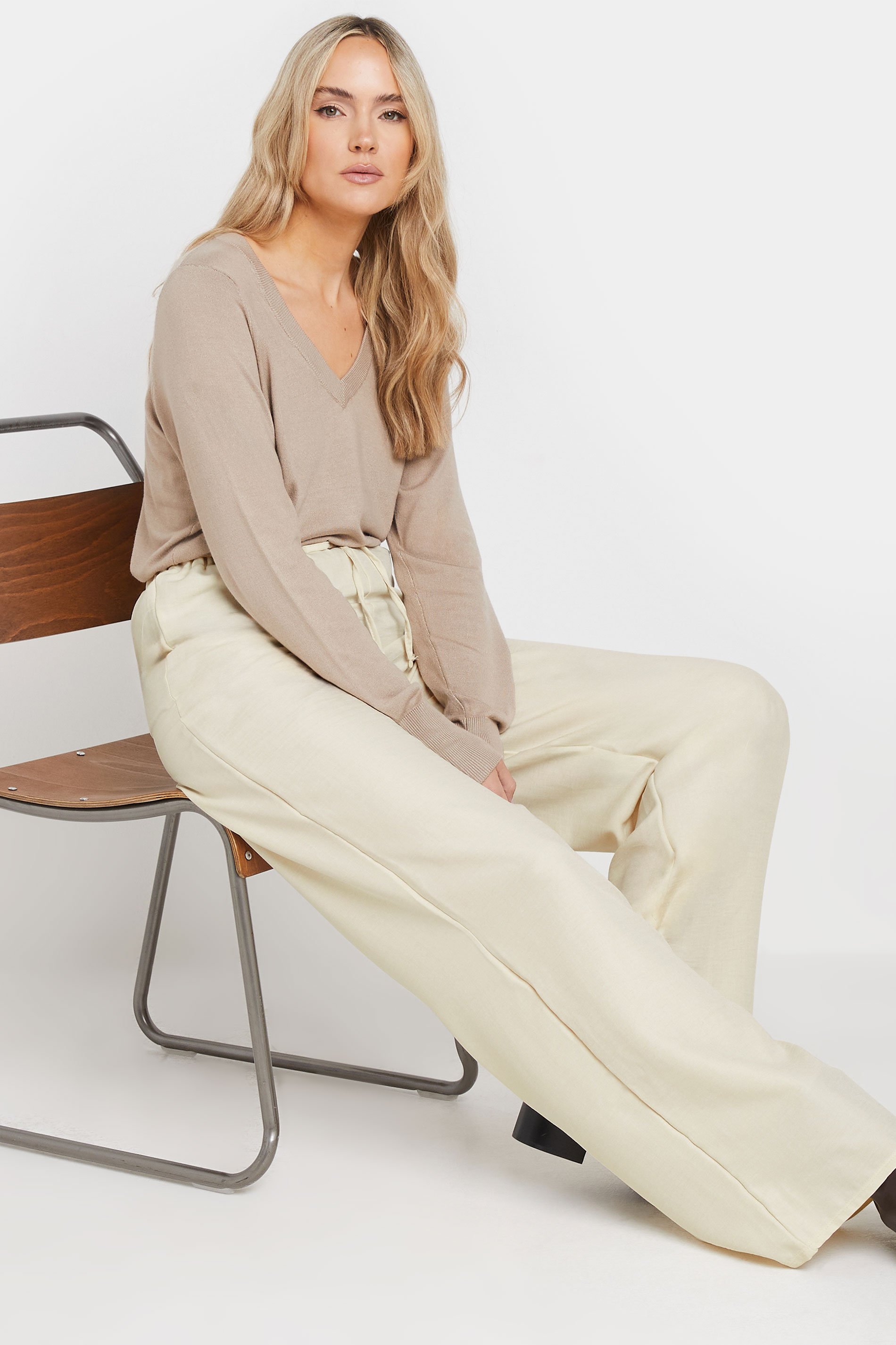 LTS Tall Women's Cream Textured Wide Leg Trousers | Long Tall Sally 2