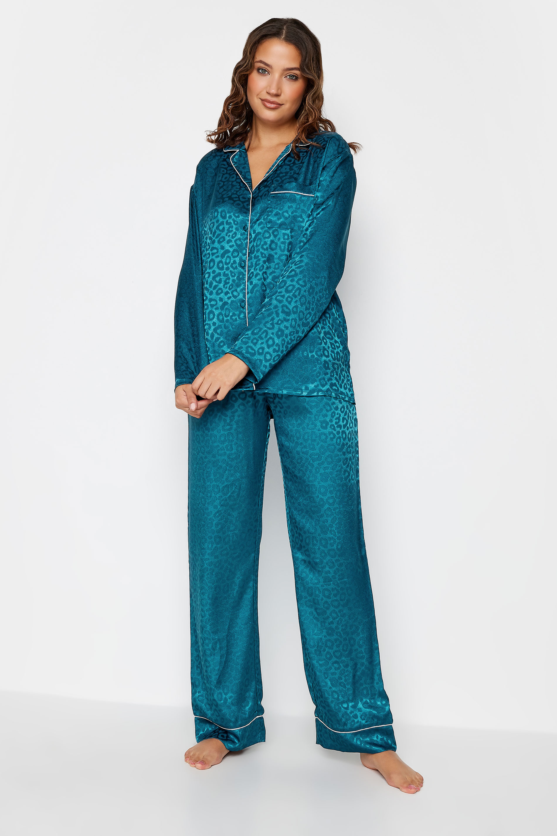 LTS Tall Women's Teal Blue Leopard Print Satin Pyjama Set | Long Tall Sally 3