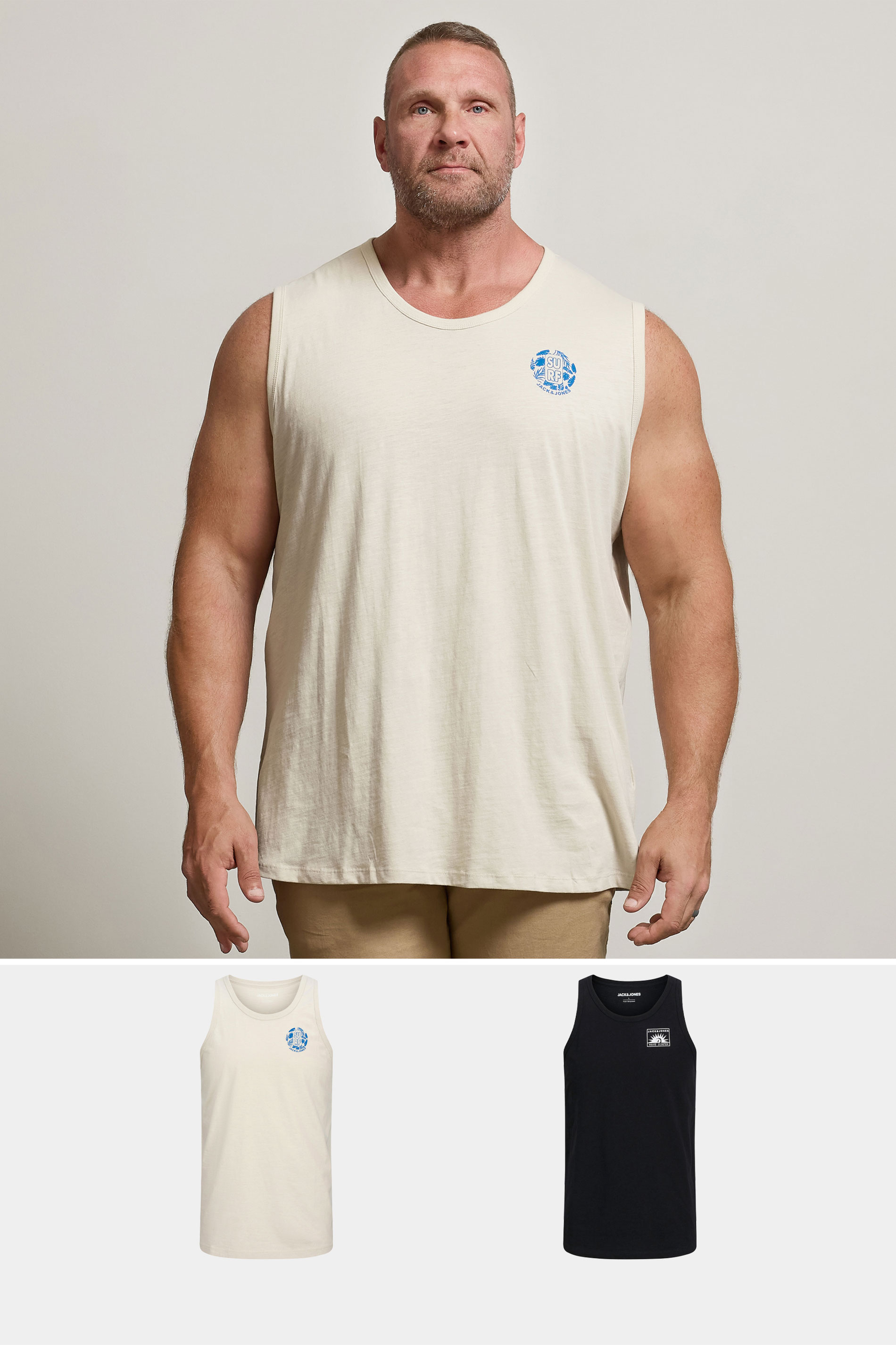 JACK & JONES Big & Tall 2 PACK Moonbeam White & Black Vests | BadRhino 1