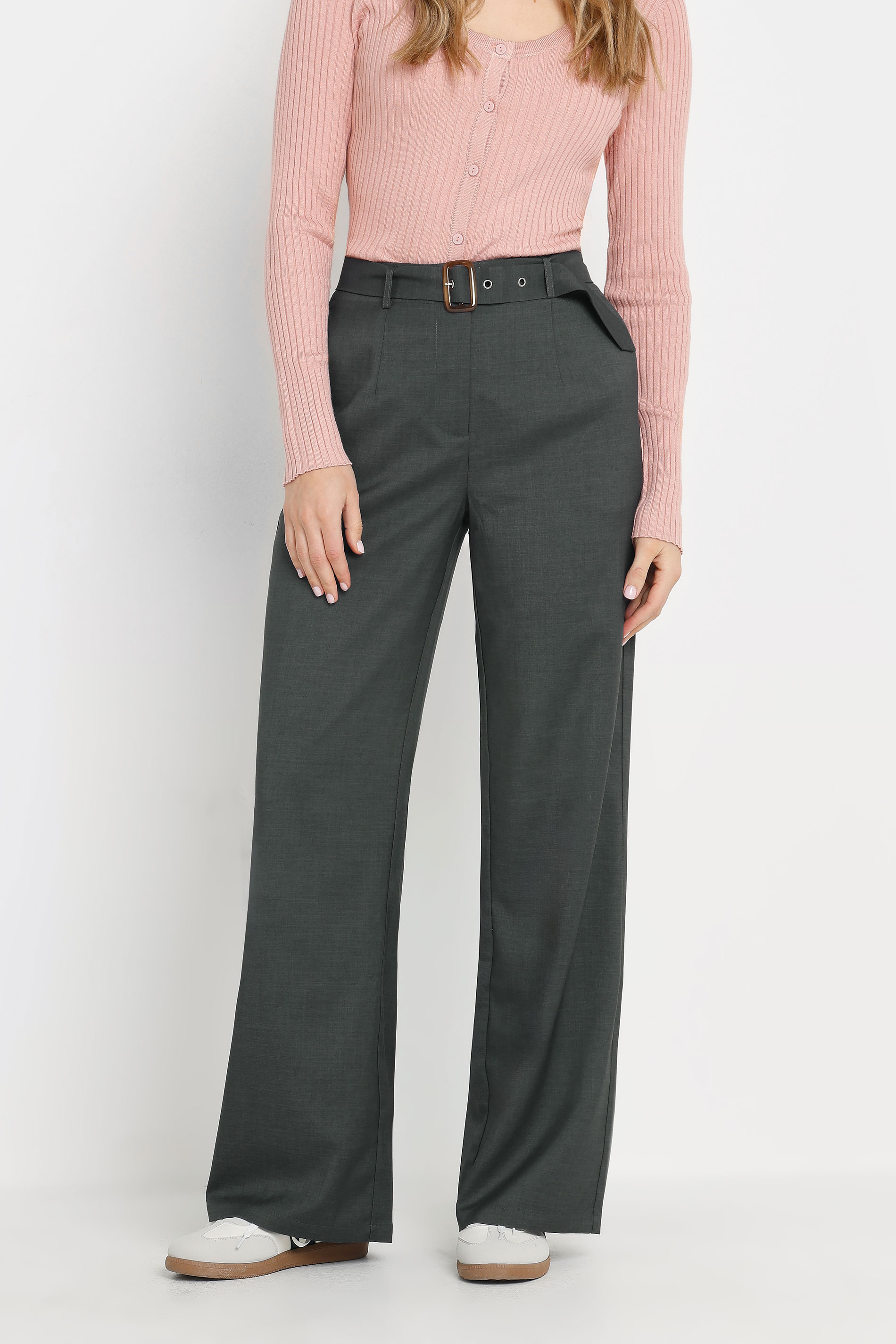 LTS Tall Charcoal Grey Buckle Belt Wide Leg Trousers | Long Tall Sally 2