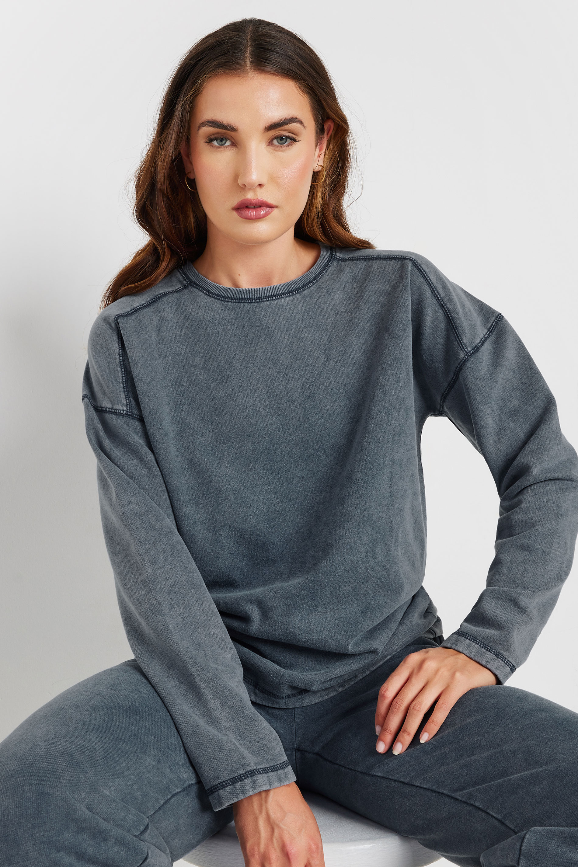 LTS Tall Navy Blue Acid Wash Crew Neck Sweatshirt | Long Tall Sally 5