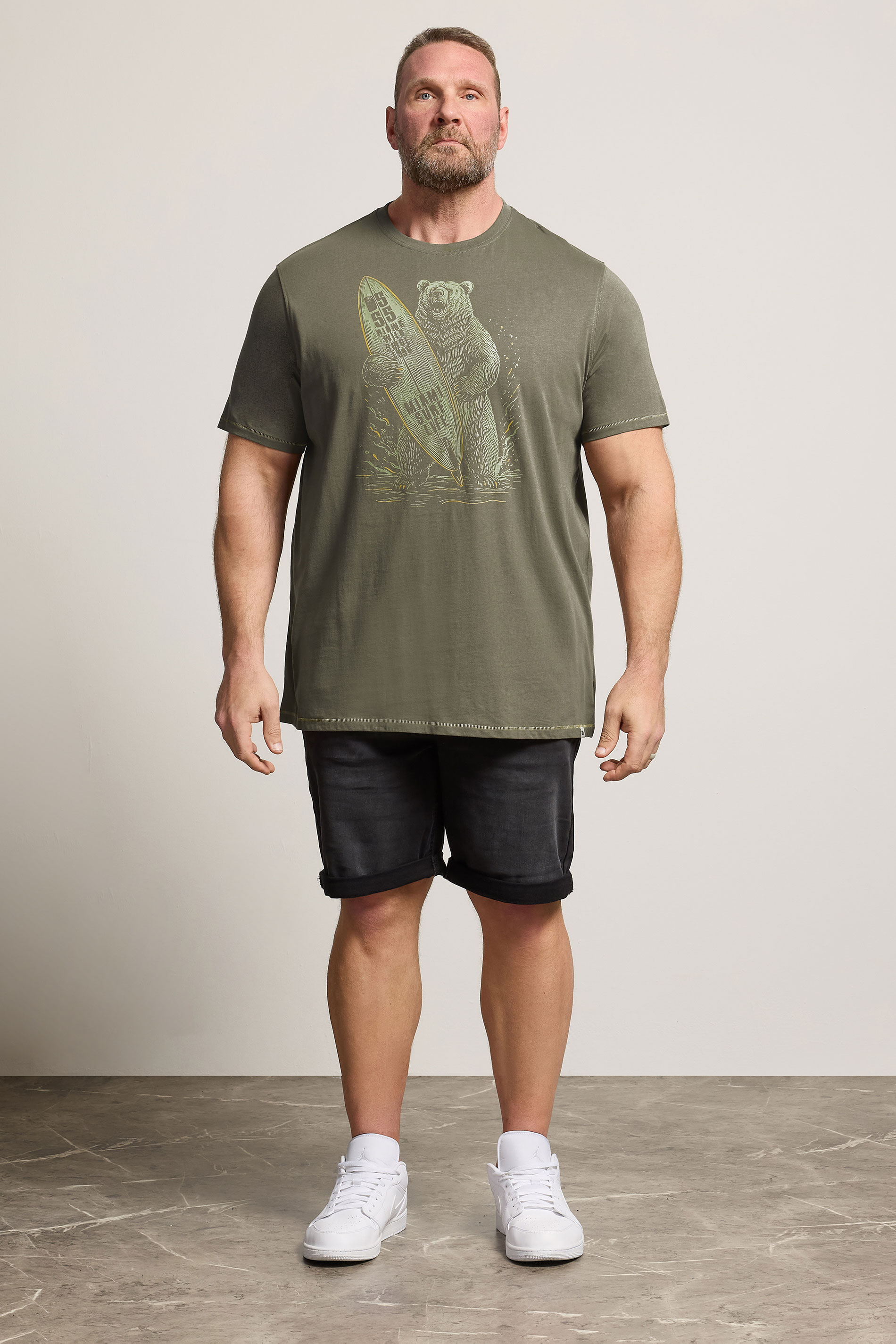 D555 Big & Tall Khaki Green Surfing Bear Print T-Shirt | BadRhino 1