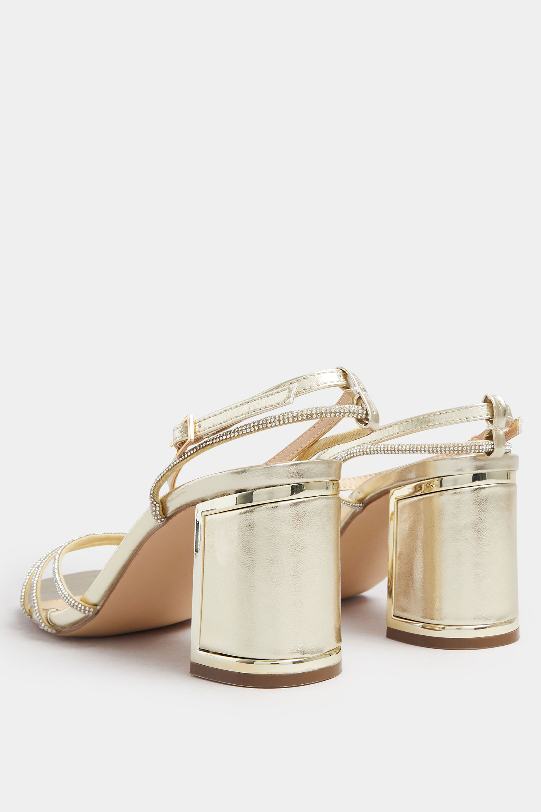 Gold Asymmetric Diamante Block Heel Sandals In Standard Fit | Yours Clothing 4